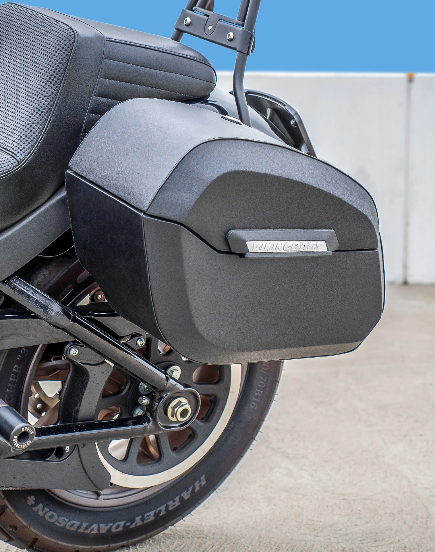 32L - Darkin Large Quick Mount Leather Wrap Hard Saddlebags for 2025+ Harley Softail Low Rider S FXLRS Vertical Lifestyle