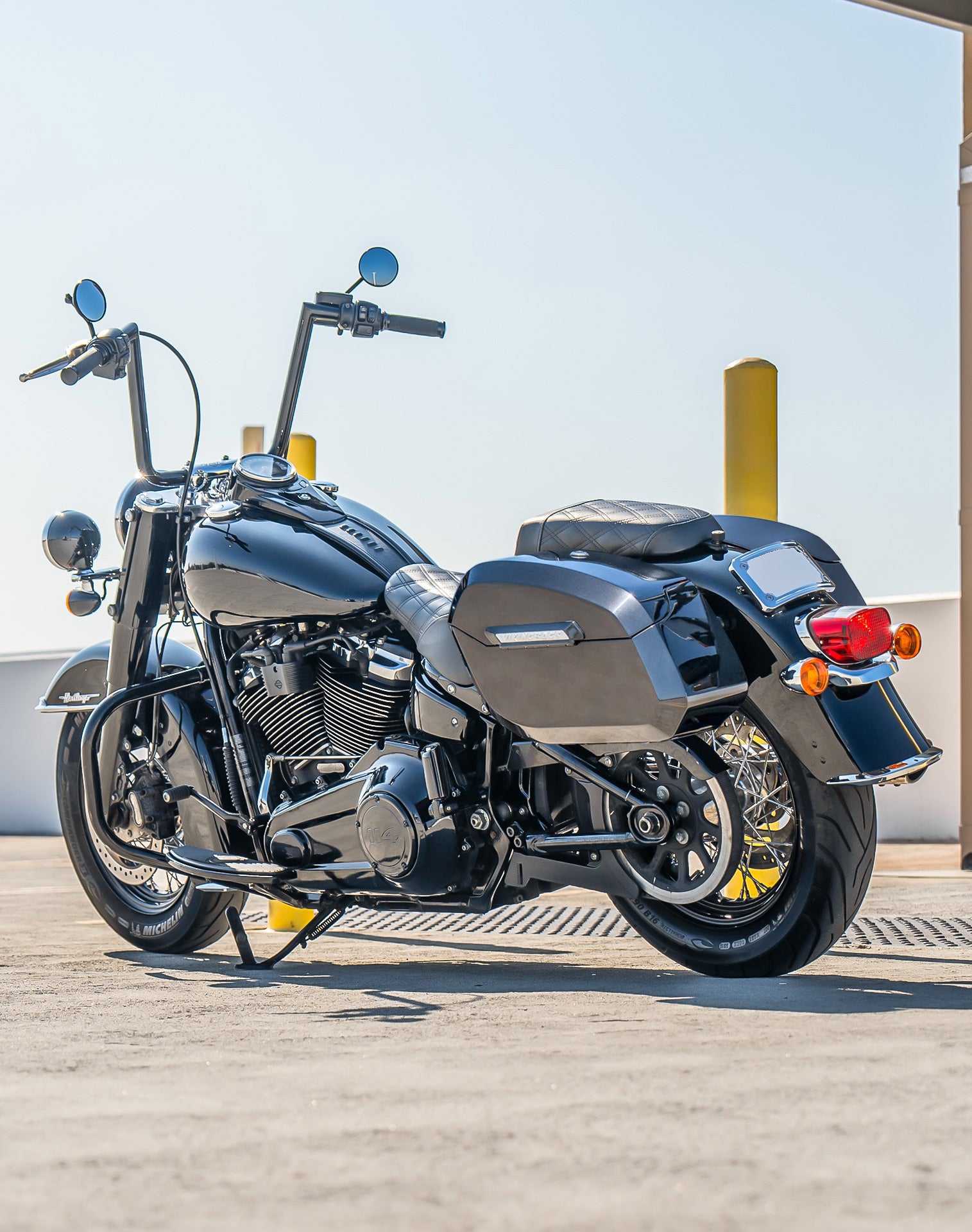 32L - Darkin Large Quick Mount Painted Hard Saddlebags for Harley Softail Heritage FLHC/S Lifestyle