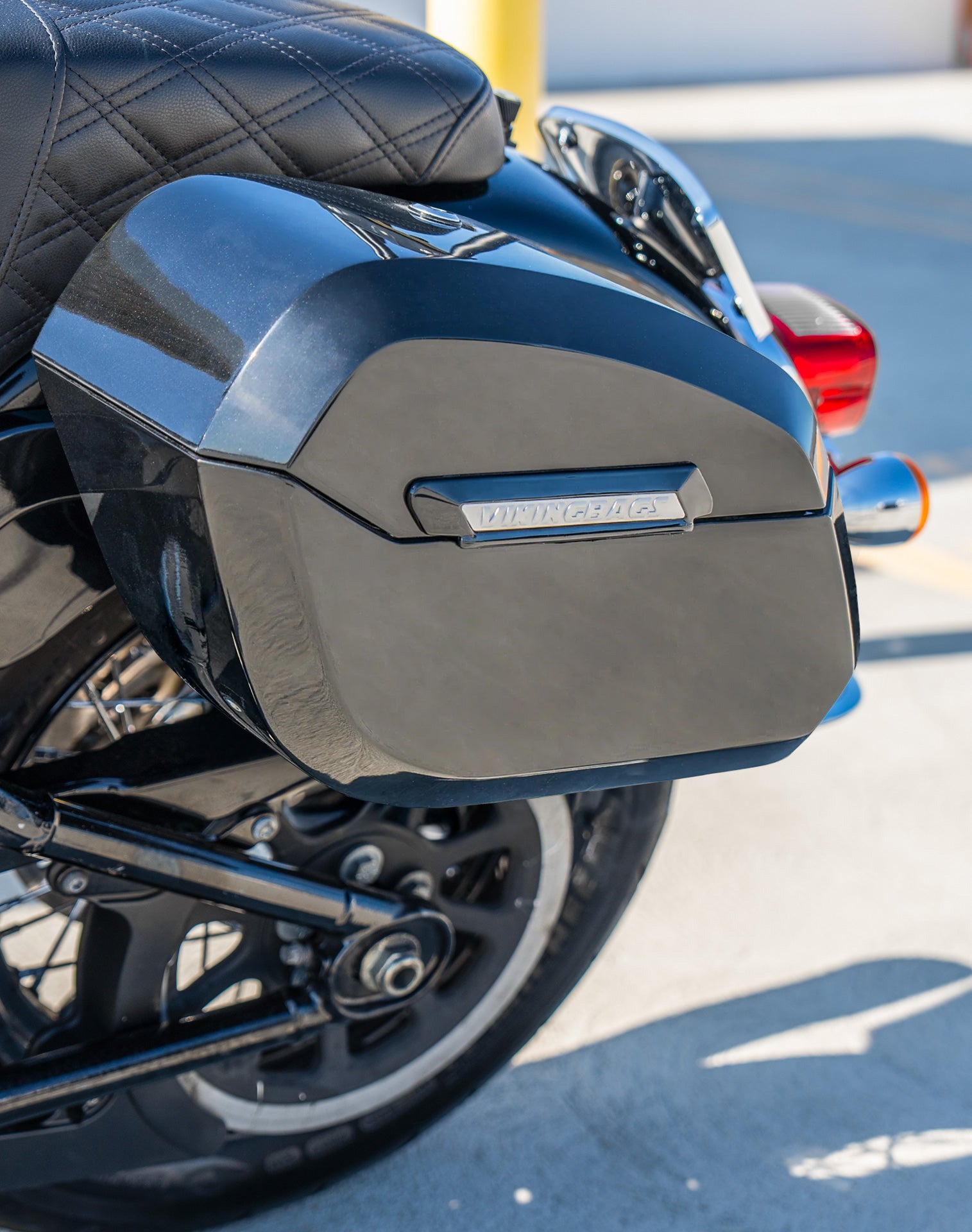 32L - Darkin Large Quick Mount Painted Hard Saddlebags for Harley Softail Heritage FLHC/S Lifestyle