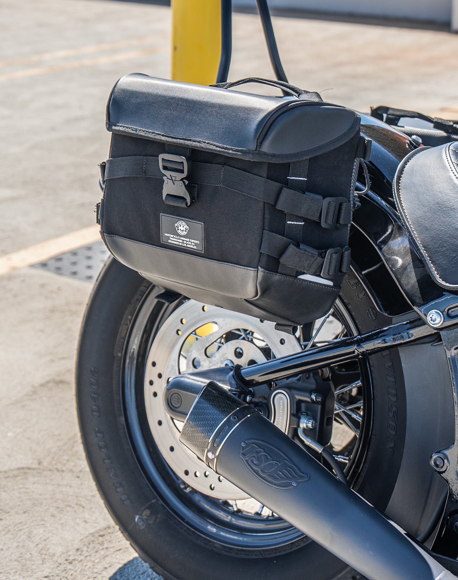 20L - Incognito Quick-Mount Small Harley Softail Slim FLS Motorcycle Saddlebags Life Style 3