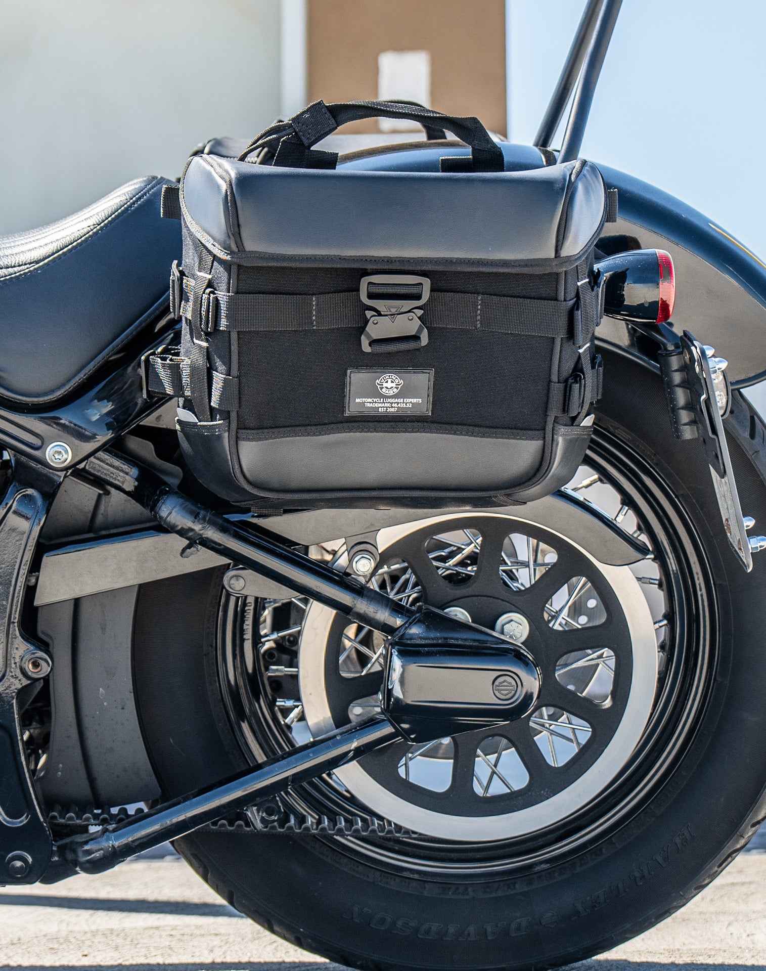 20L - Incognito Quick-Mount Small Harley Softail Slim FLS Motorcycle Saddlebags Life Style 2