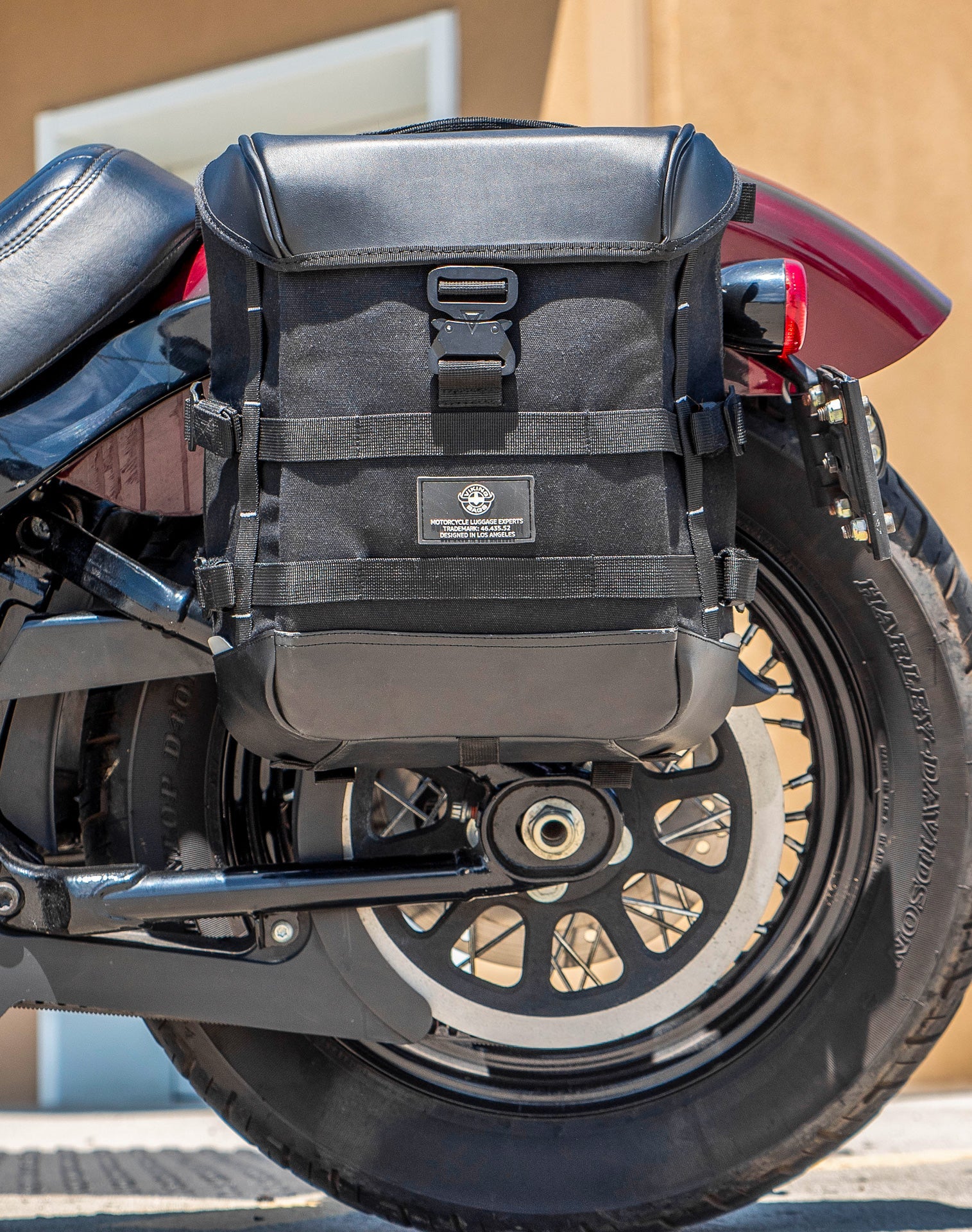 30L - Incognito Quick-Mount Medium Motorcycle Saddlebags for Harley Softail Slim FLSL Vertical Lifestyle