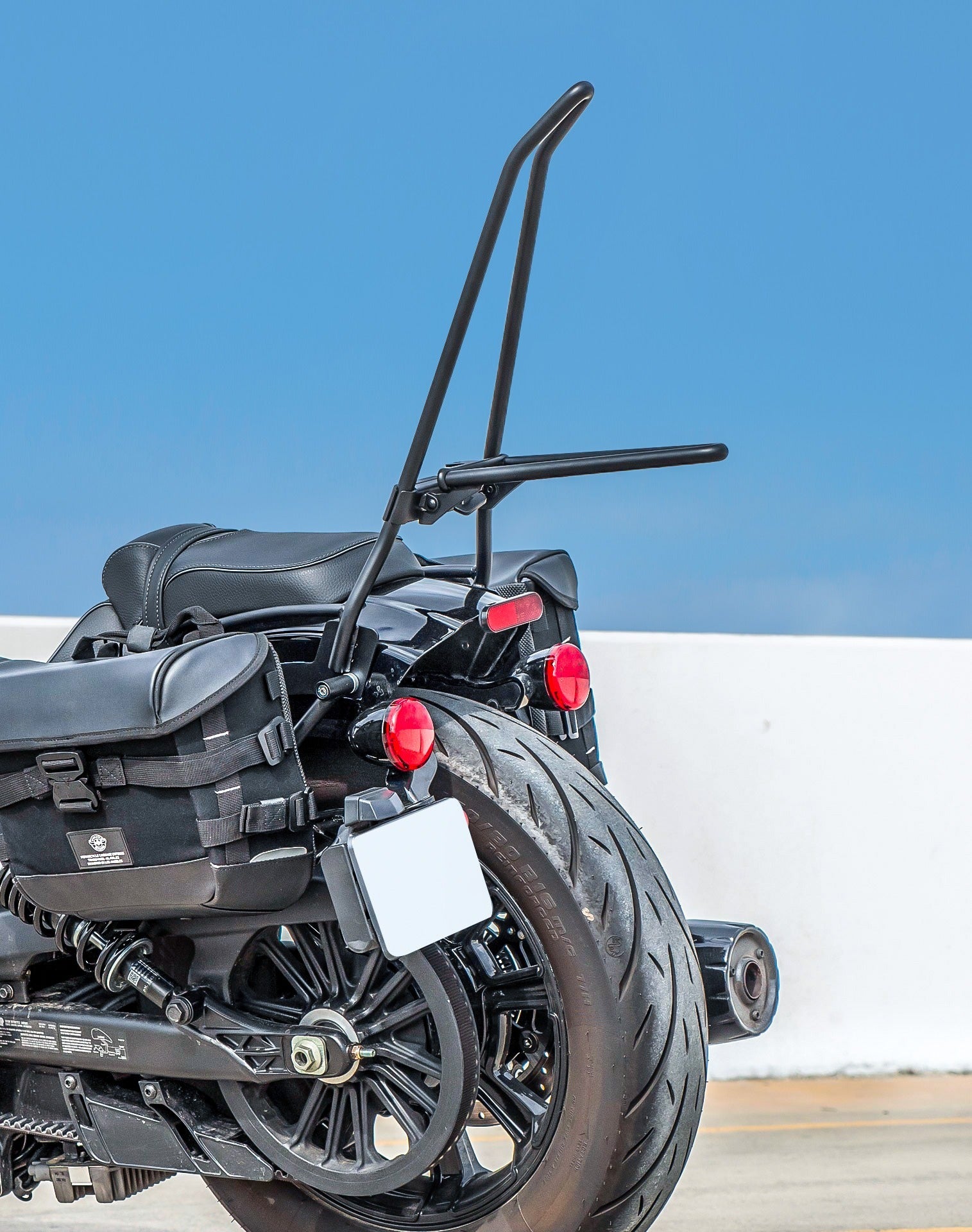 Iron Born Blade 25" Sissy Bar with Foldable Luggage Rack for 2025 Indian Scout Bobber Matte Black Life Style Photo