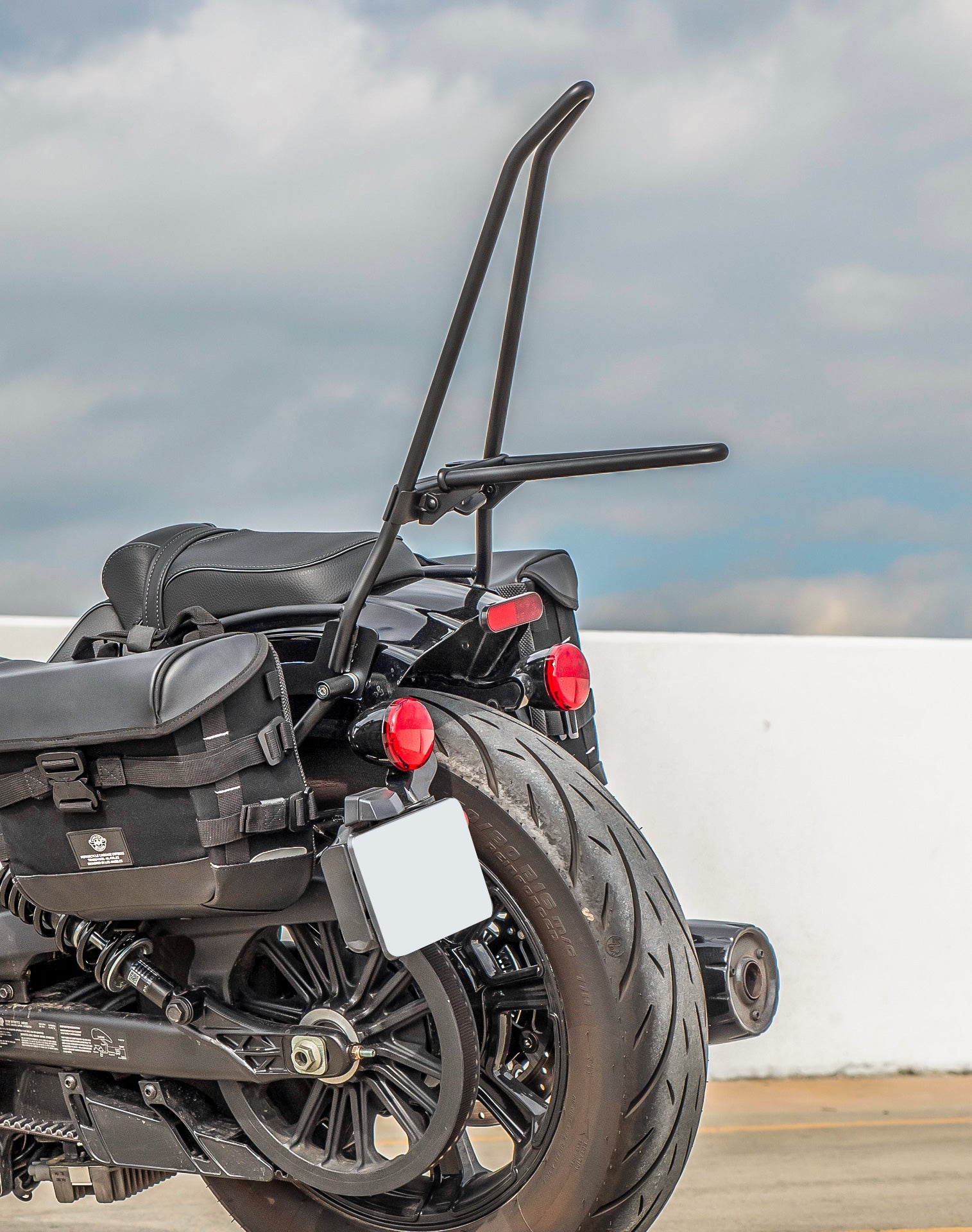 Iron Born Blade 25" Sissy Bar with Foldable Luggage Rack for 2025 Indian Scout Bobber Matte Black Life style 4