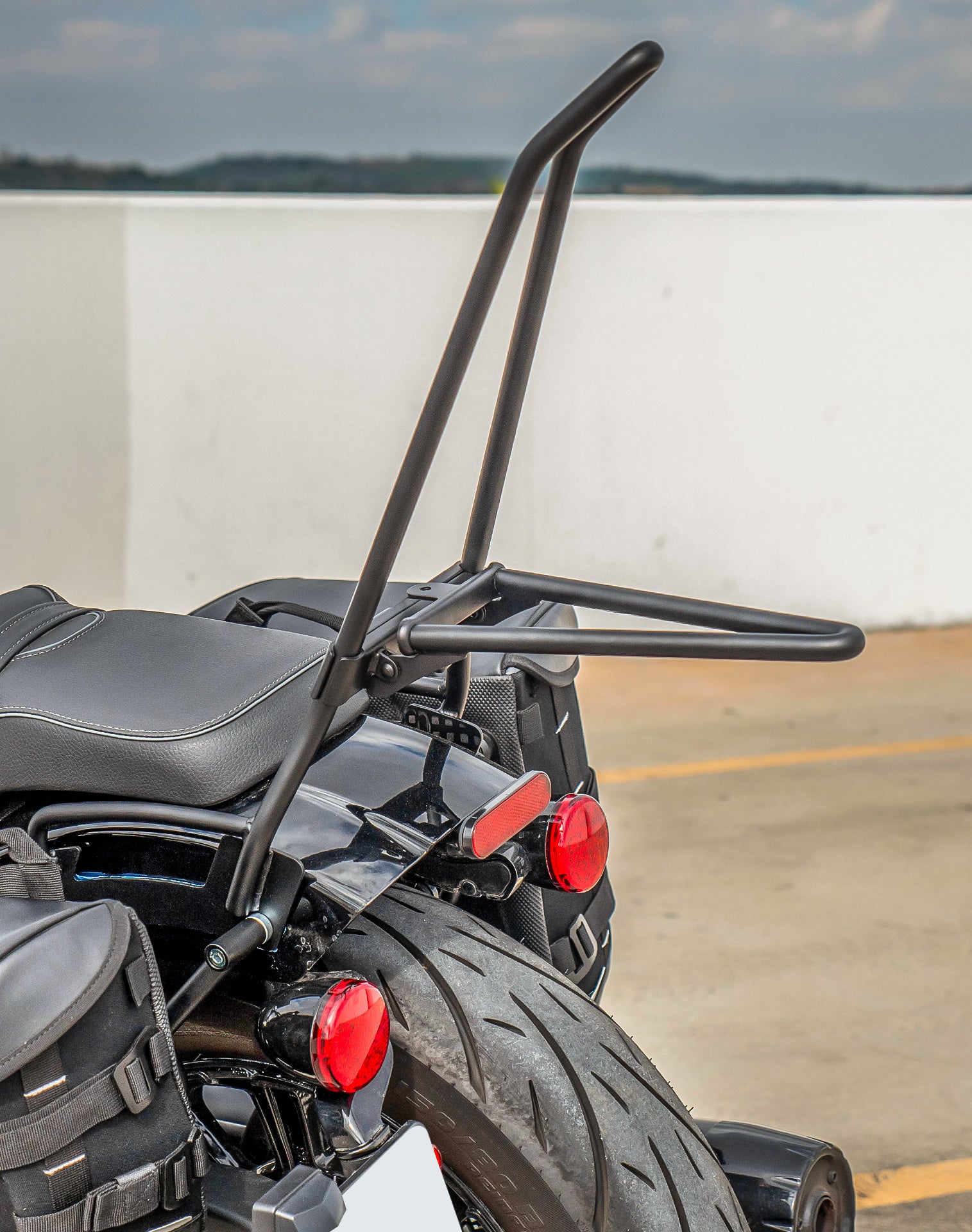 Iron Born Blade 25" Sissy Bar with Foldable Luggage Rack for 2025 Indian Scout Bobber Matte Black Life style 3