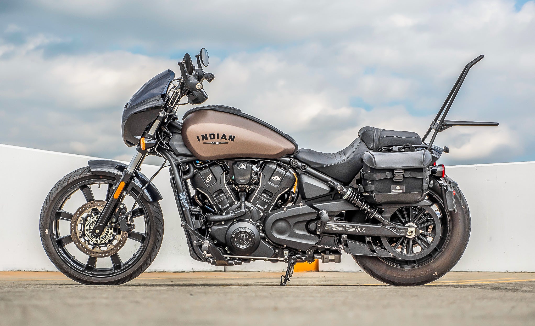 Iron Born Blade 25" Sissy Bar with Foldable Luggage Rack for 2025 Indian Scout Bobber Matte Black
 Life Style Photo @expand