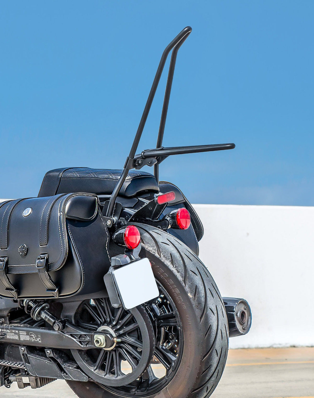 Iron Born Blade 25" Sissy Bar with Foldable Luggage Rack for 2025 Indian Scout Bobber Matte Black Life Style Photo