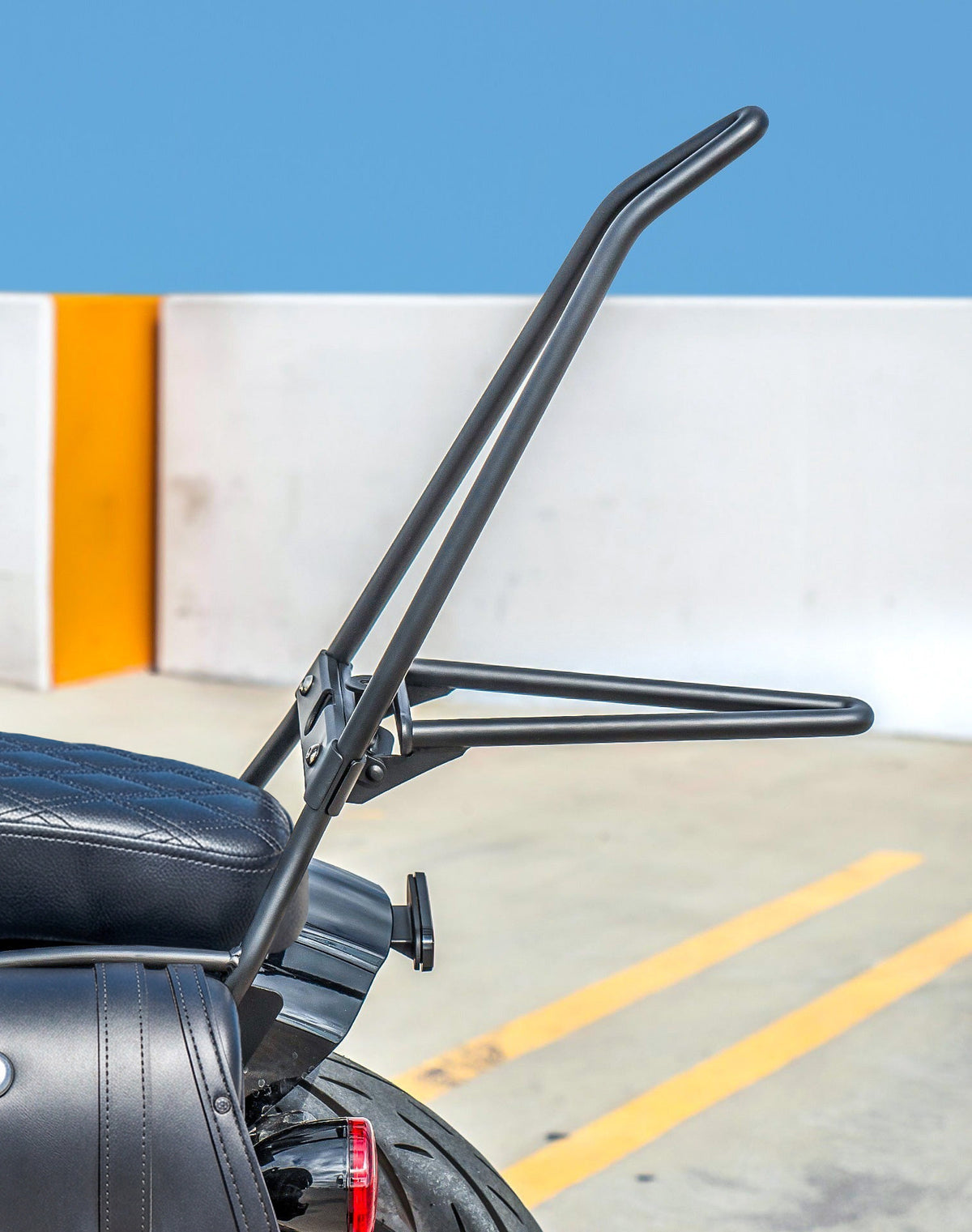 Iron Born Blade 25" Sissy Bar with Foldable Luggage Rack for 2025 Indian Scout Bobber Matte Black Life Style Photo