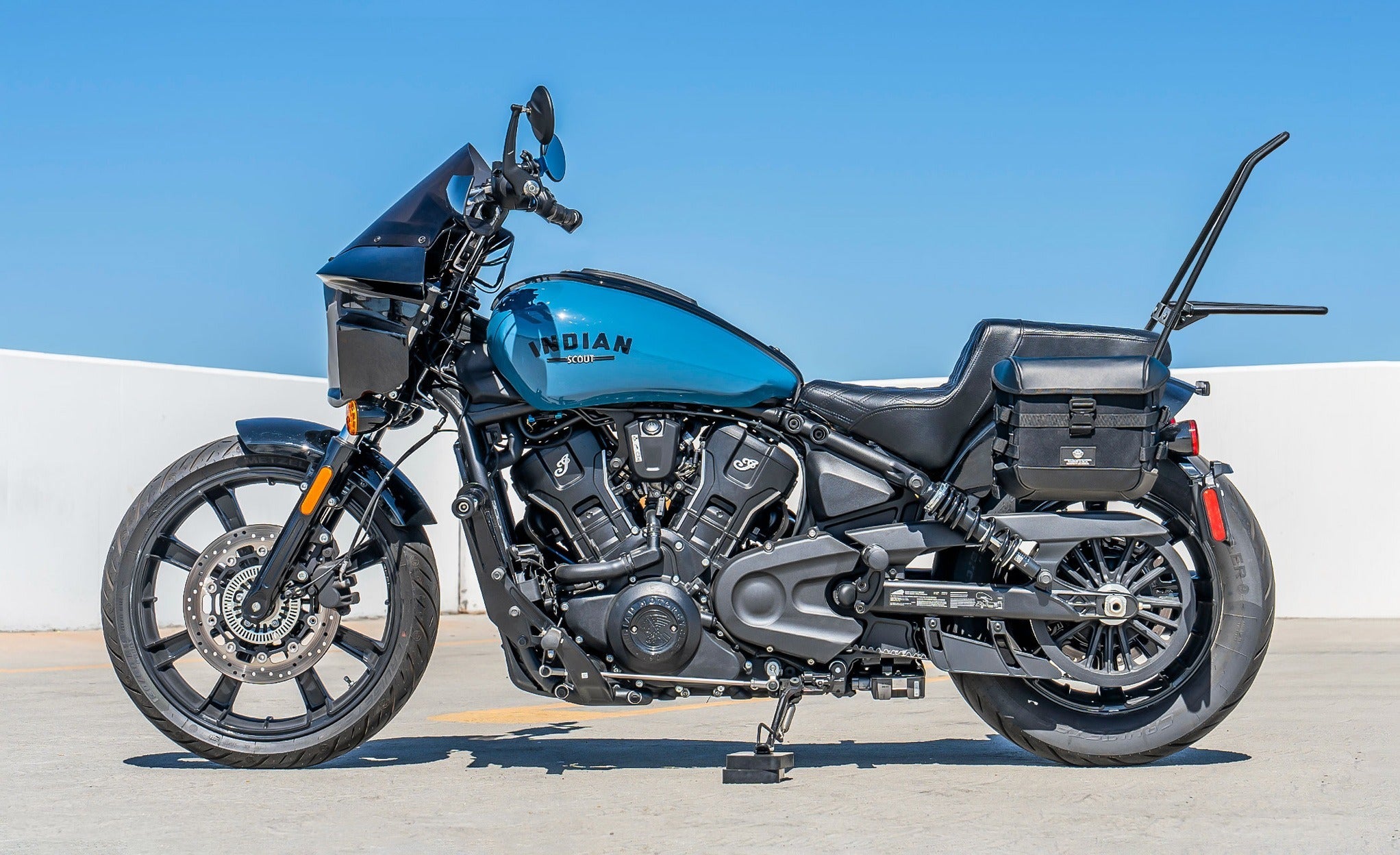 Iron Born Blade 25" Sissy Bar with Foldable Luggage Rack for 2025 Indian Scout Bobber Matte Black Life Style Photo @expand