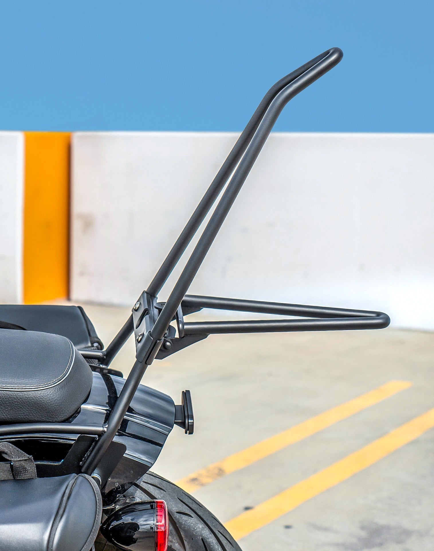 Iron Born Blade 25" Sissy Bar with Foldable Luggage Rack for 2025 Indian Scout Bobber Matte Black Life Style Photo