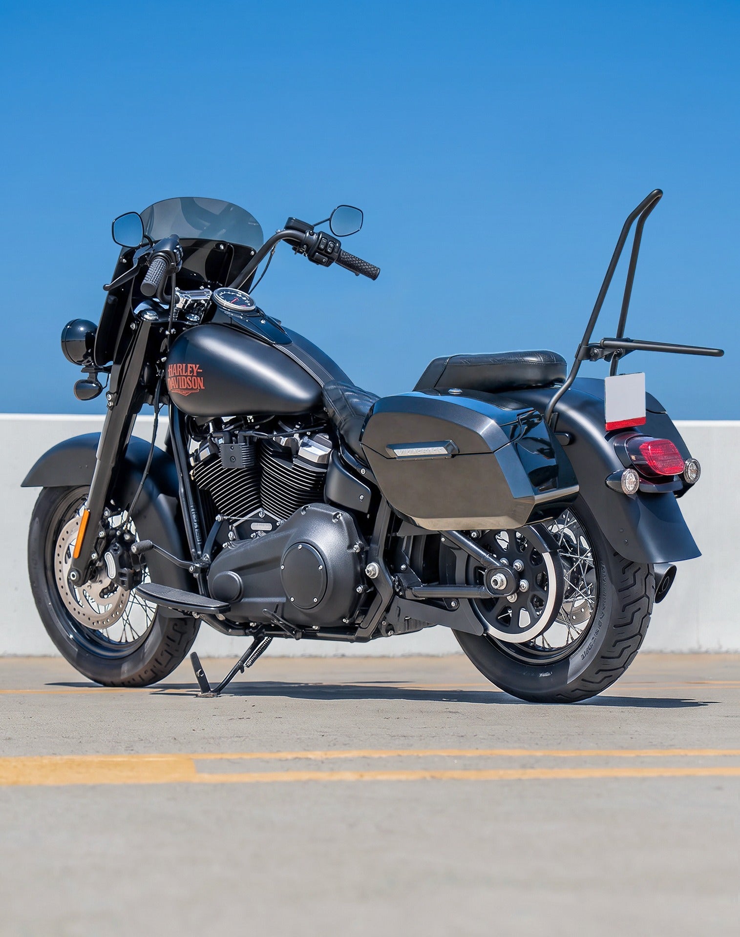 Iron Born Blade 25" Sissy Bar for Wide Seat w/ Foldable Rack for Harley Softail Deadwood Matte Black Vertical Lifestyle