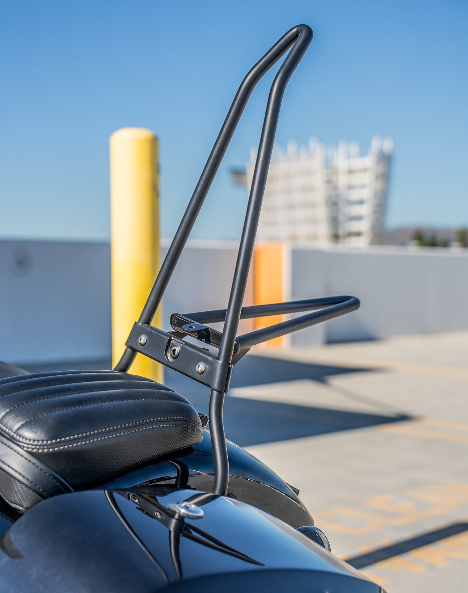 Iron Born Blade 25" Sissy Bar with Foldable Luggage Rack for Harley Softail Deluxe FLDE Matte Black Lifestyle