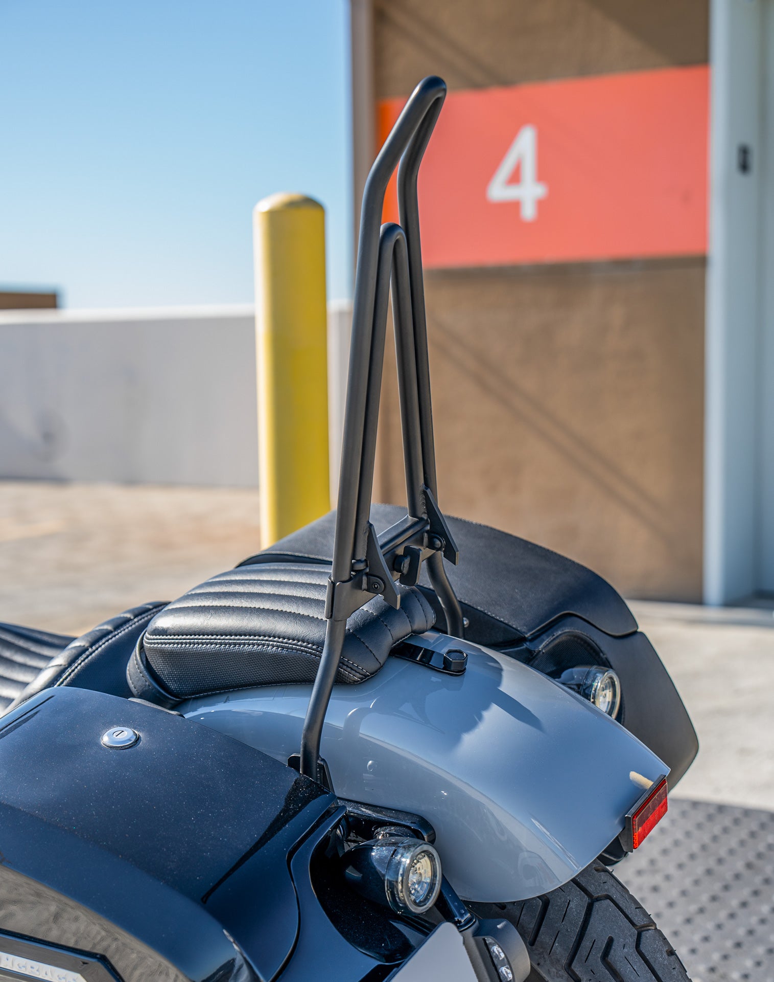 Iron Born Blade 25" Sissy Bar with Foldable Luggage Rack for Harley Softail Street Bob Matte Black Life Style