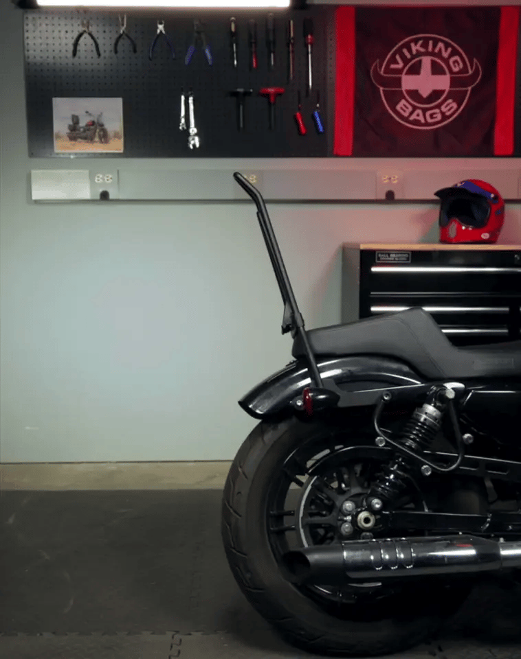 Iron Born Blade 25" Sissy Bar with Foldable Luggage Rack for Harley Sportster 883 Iron XL883N Chrome Demo