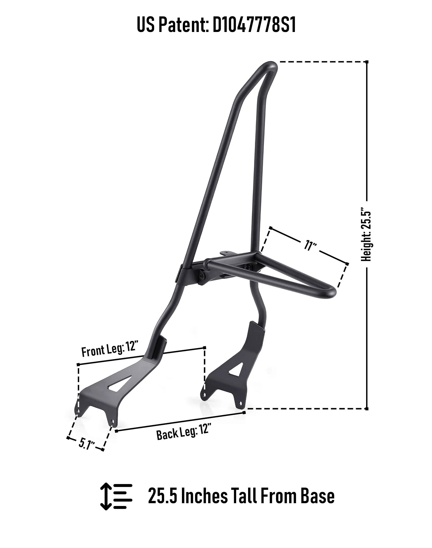 Iron Born Blade 25" Yamaha Bolt Sissy Bar with Foldable Luggage Rack Matte Black Dimension