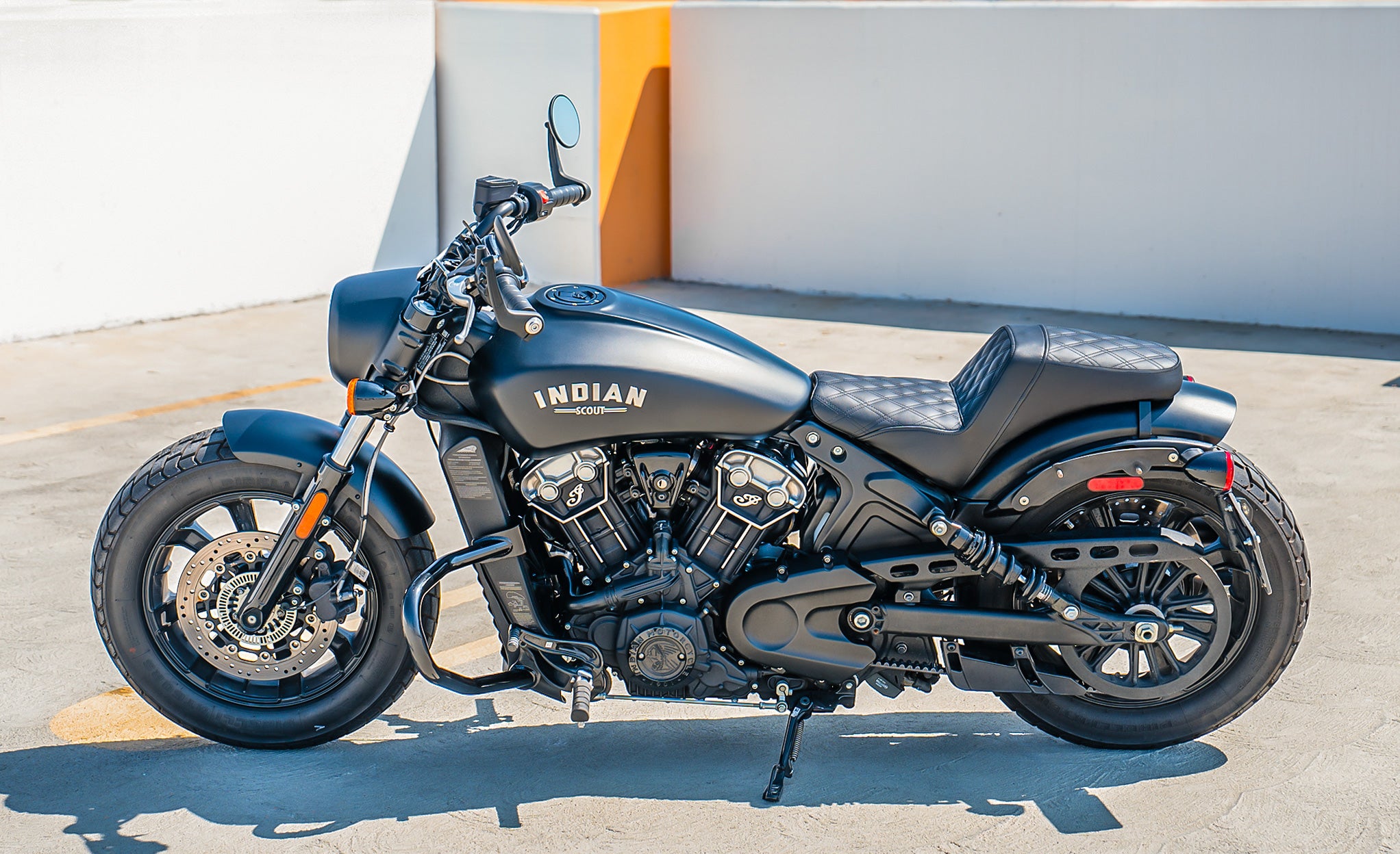 Iron Born Diamond Stitch Indian Scout Bobber 2-Up Seat Black Lifestyle @expand