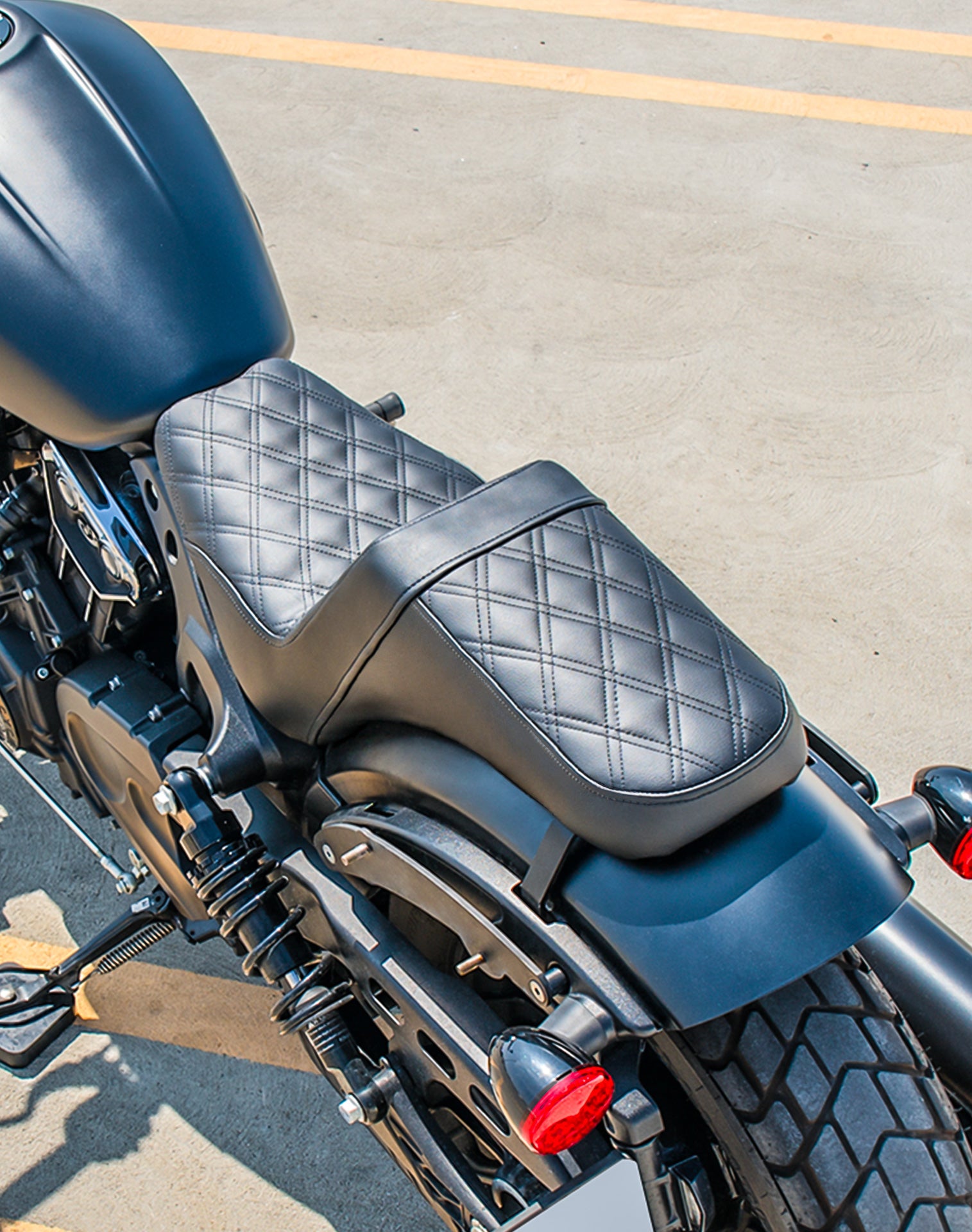 Iron Born Diamond Stitch Indian Scout Bobber 2-Up Seat Black Lifestyle