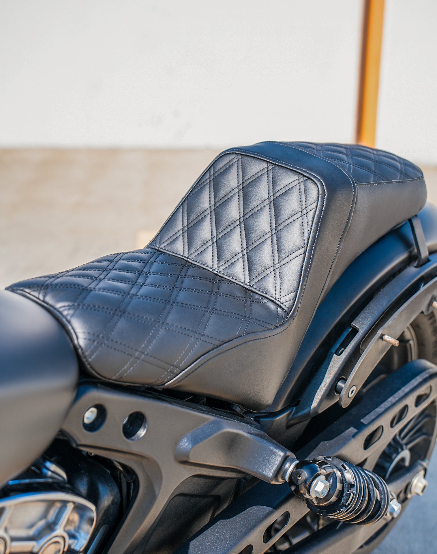 Iron Born Diamond Stitch Indian Scout Bobber 2-Up Seat Black Lifestyle