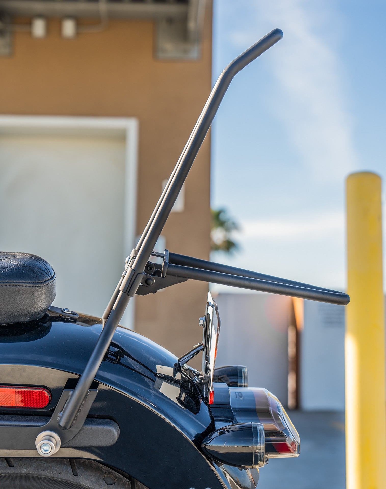Iron Born Blade 25" Sissy Bar for Wide Seat w/ Foldable Rack for Harley Softail Low Rider S FXLRS Matte Black Lifestyle