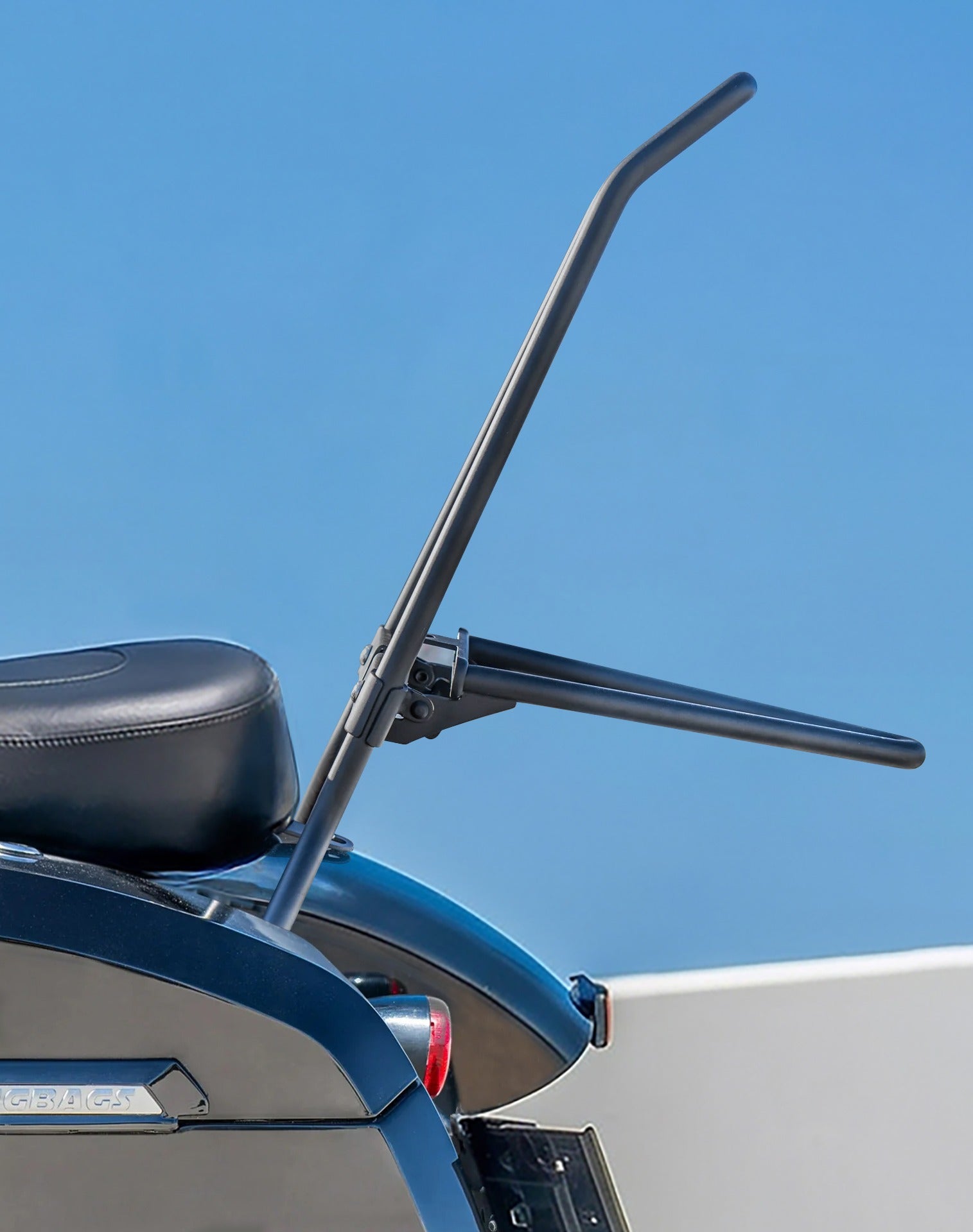 Iron Born Blade 25" Sissy Bar for Wide Seat w/ Foldable Rack for Harley Softail Standard FXST Matte Black Lifestyle
