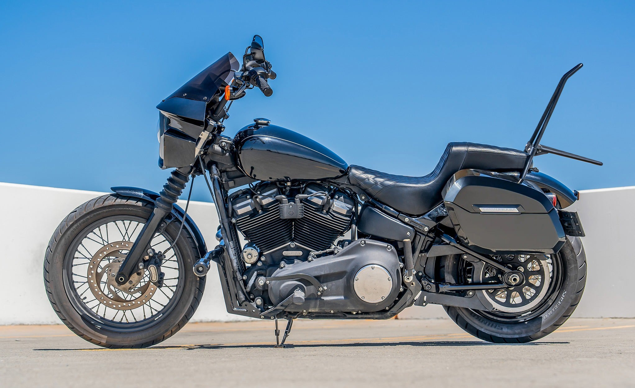 Iron Born Blade 25" Sissy Bar for Wide Seat w/ Foldable Rack for Harley Softail Street Bob FXBB Matte Black Lifestyle @expand