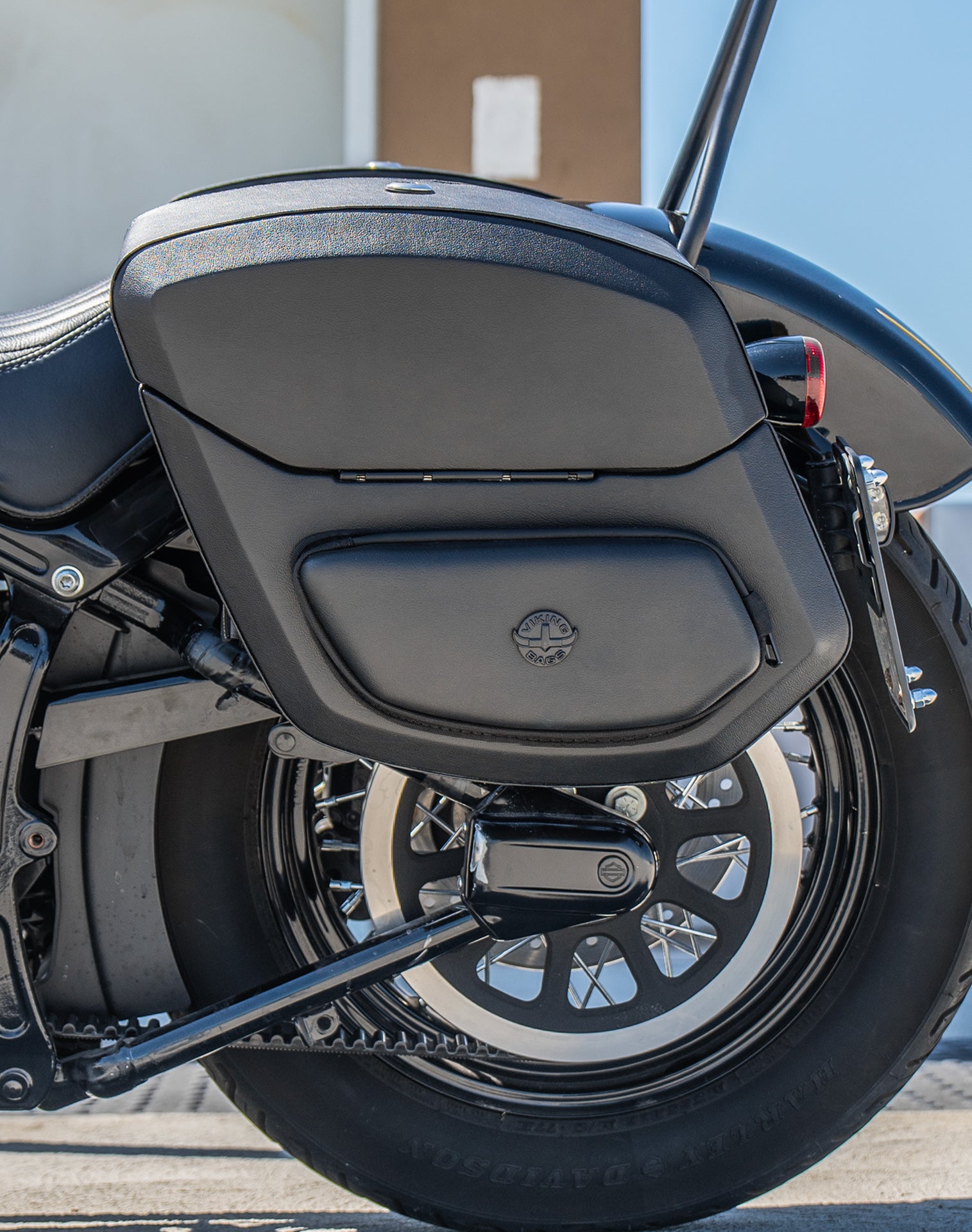 24L - Ironclad Quick-Mount Medium Harley Softail Slim FLS Leather Wrapped Hard Saddlebags Life Style 2