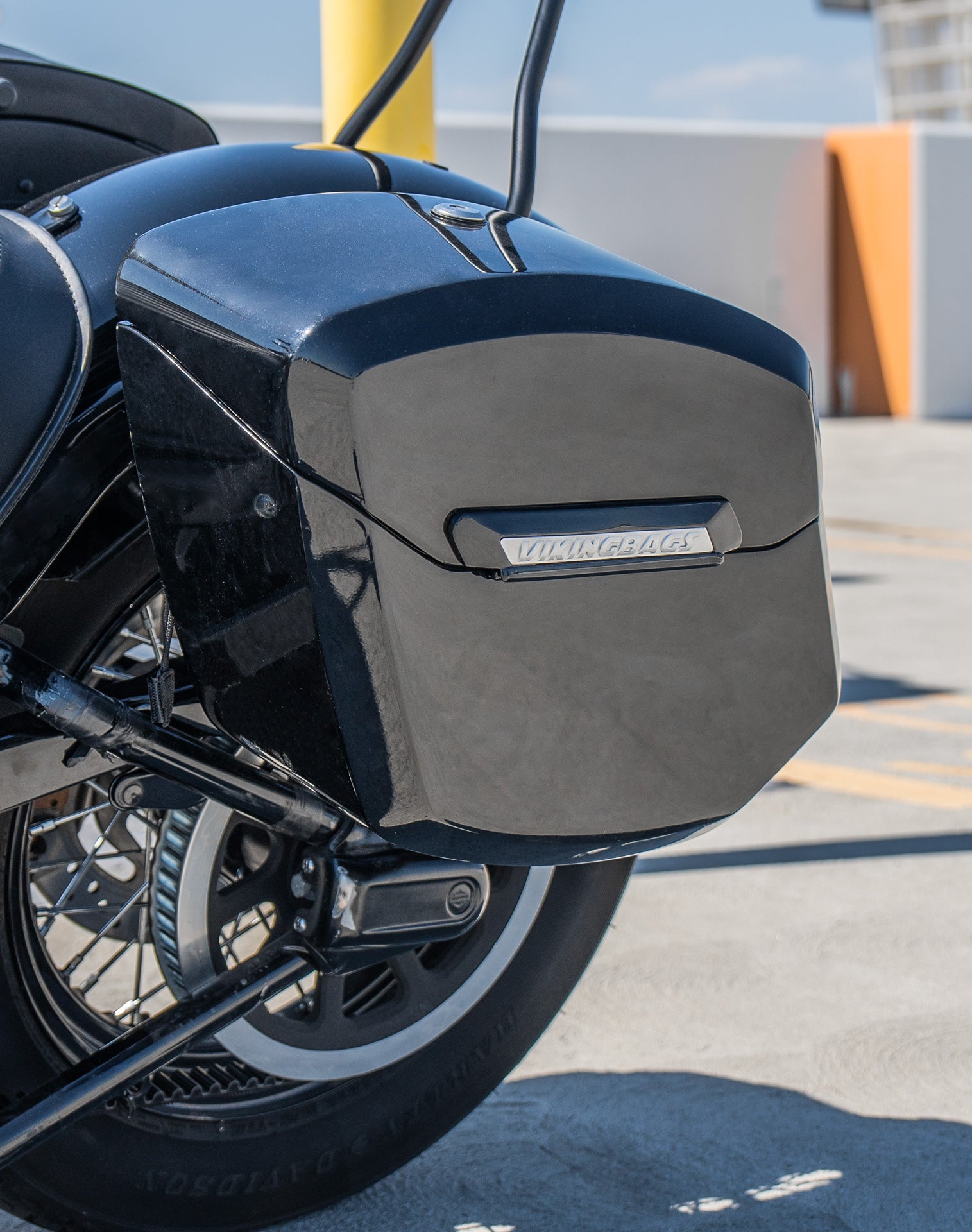 24L - Ironclad Quick-Mount Medium Harley Softail Slim FLS Painted Hard Saddlebags Life style 3