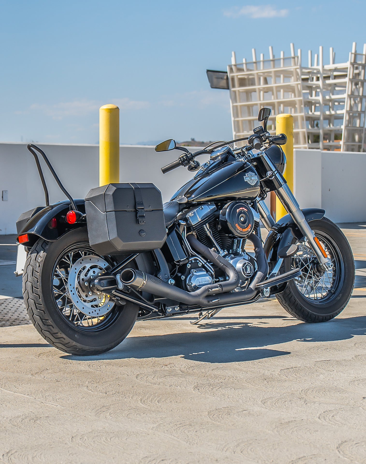 20L - Outlaw Quick-Mount Small Harley Softail Slim FLS Leather Wrapped Hard Saddlebags Life Style 1