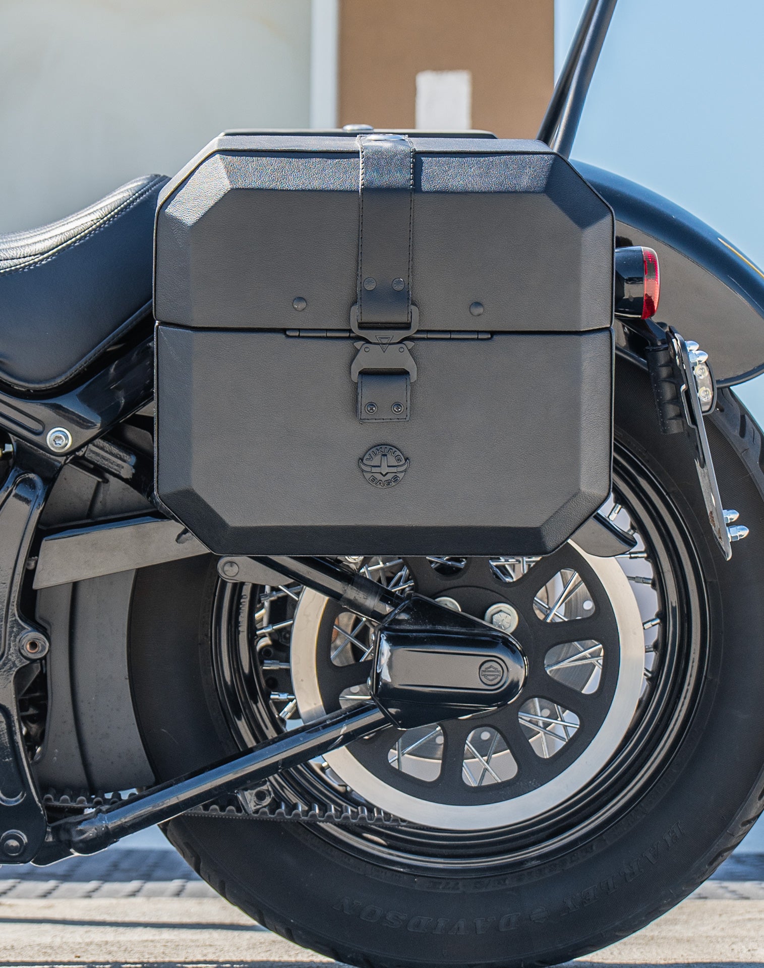 20L - Outlaw Quick-Mount Small Harley Softail Slim FLS Leather Wrapped Hard Saddlebags Life Style 2