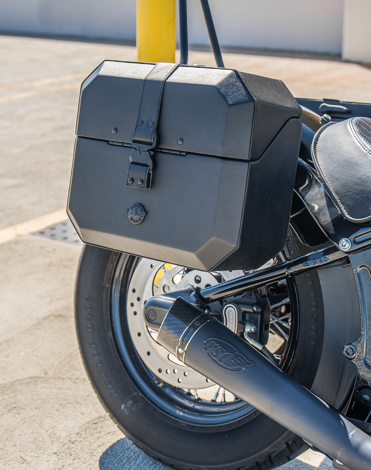 20L - Outlaw Quick-Mount Small Harley Softail Slim FLS Leather Wrapped Hard Saddlebags Life Style 3