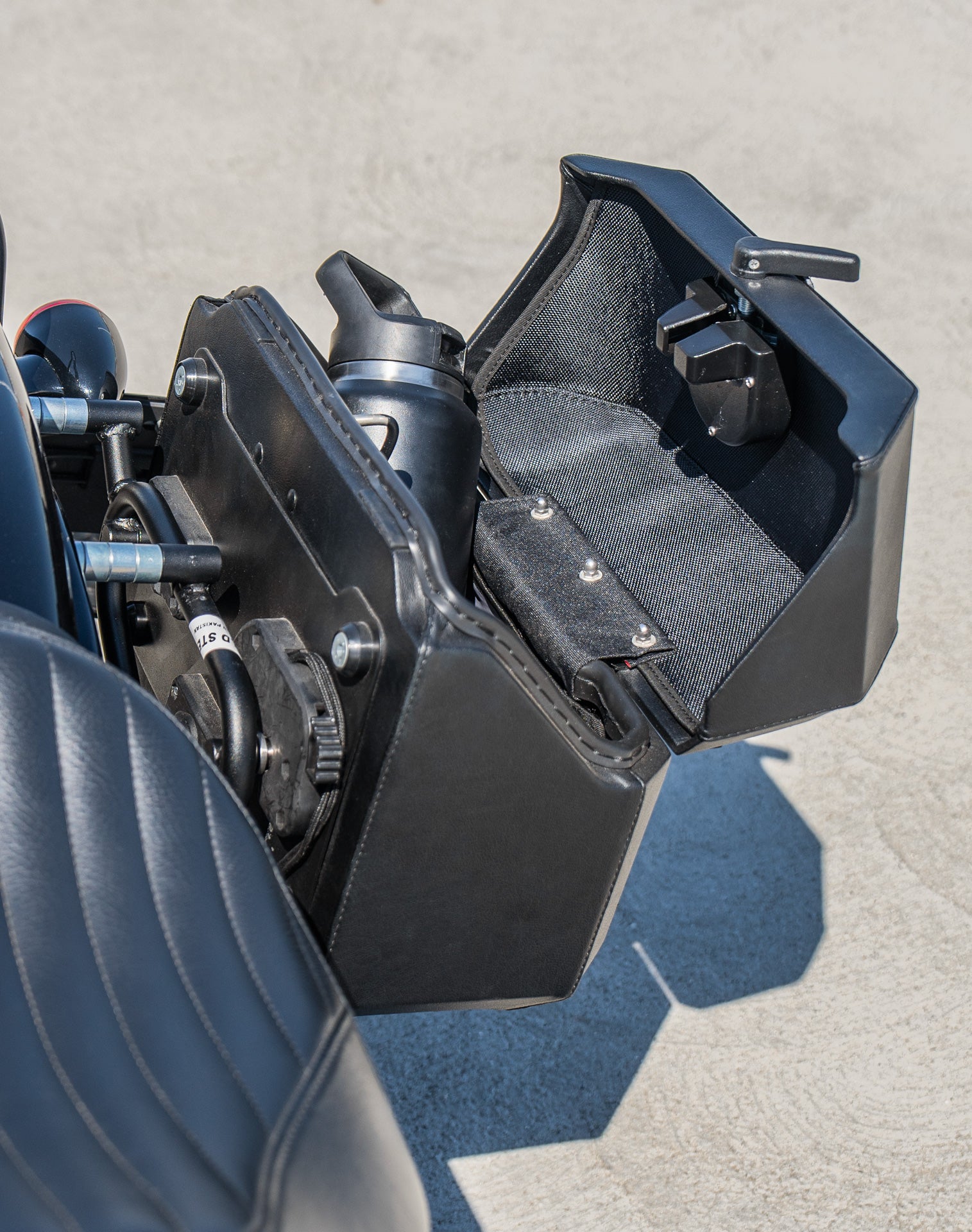 20L - Outlaw Quick-Mount Small Harley Softail Slim FLS Leather Wrapped Hard Saddlebags Life Style 4