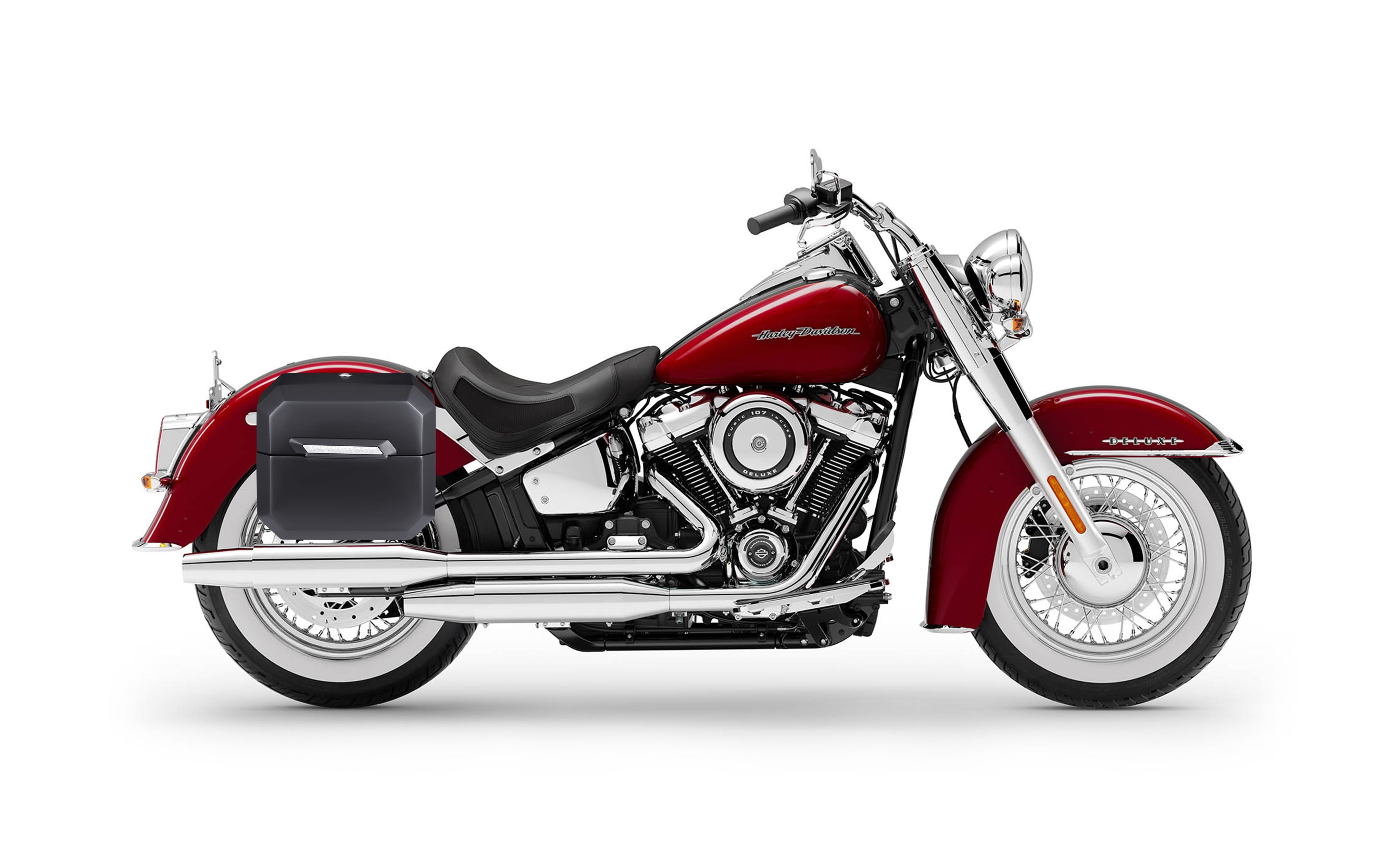 20L - Outlaw Quick-Mount Small Harley Softail Deluxe FLDE Matte Hard Saddlebags Bag on Bike @expand