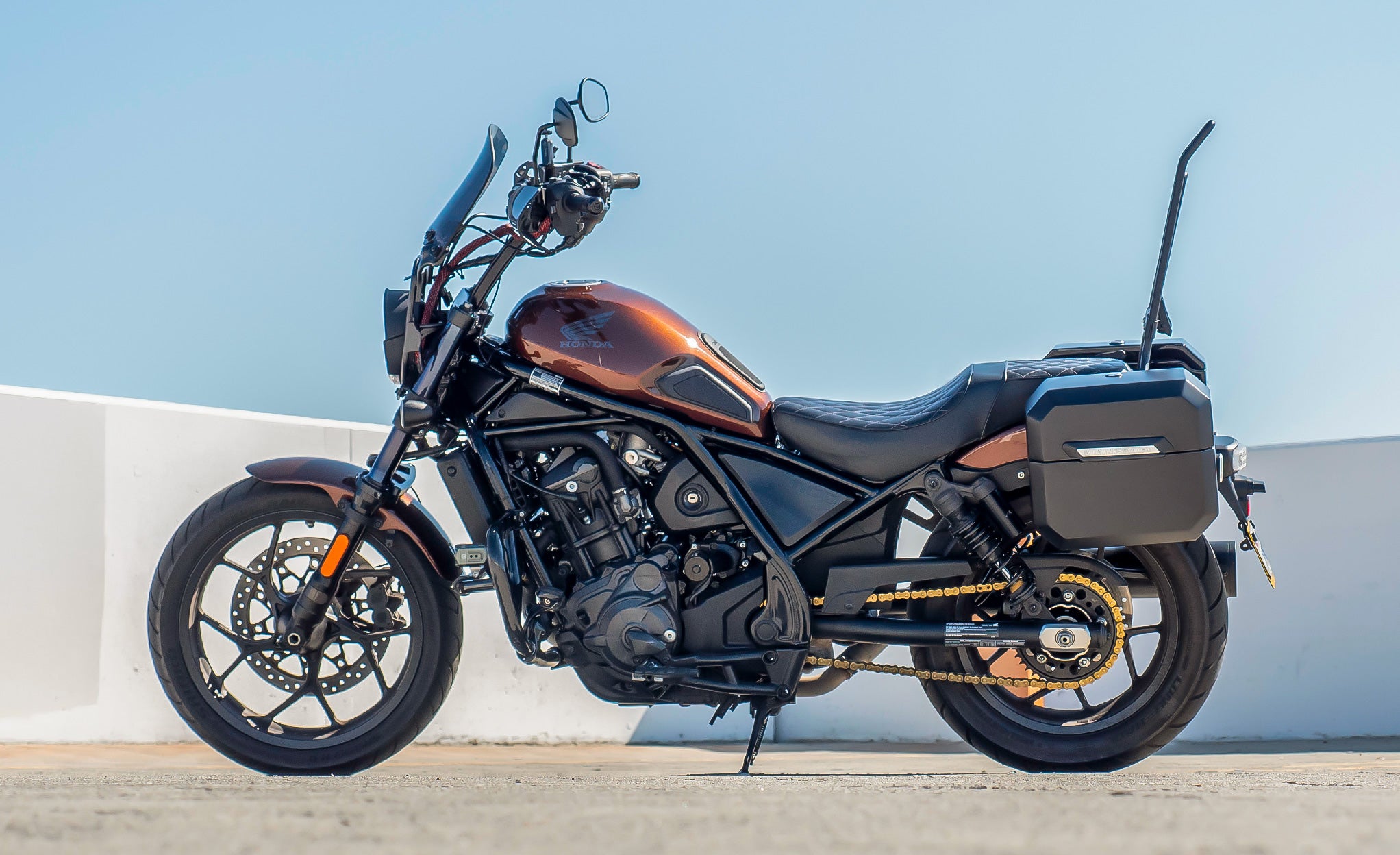 20L - Outlaw Quick-Mount Small Honda Rebel 1100 Matte Hard Saddlebags Life Style Photo @expand