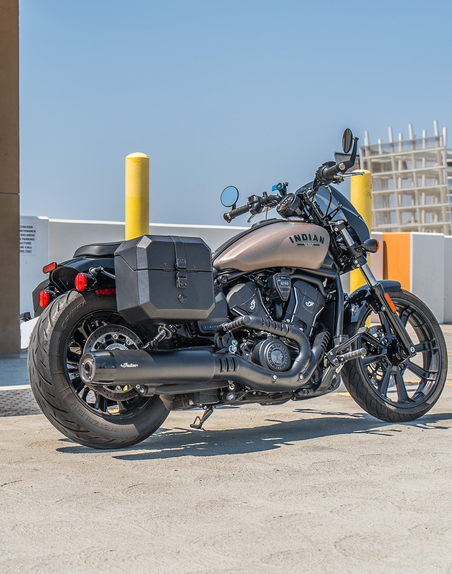 20L - Outlaw Quick-Mount Small Indian Scout Bobber Leather Wrapped Hard Saddlebags Life Style 1