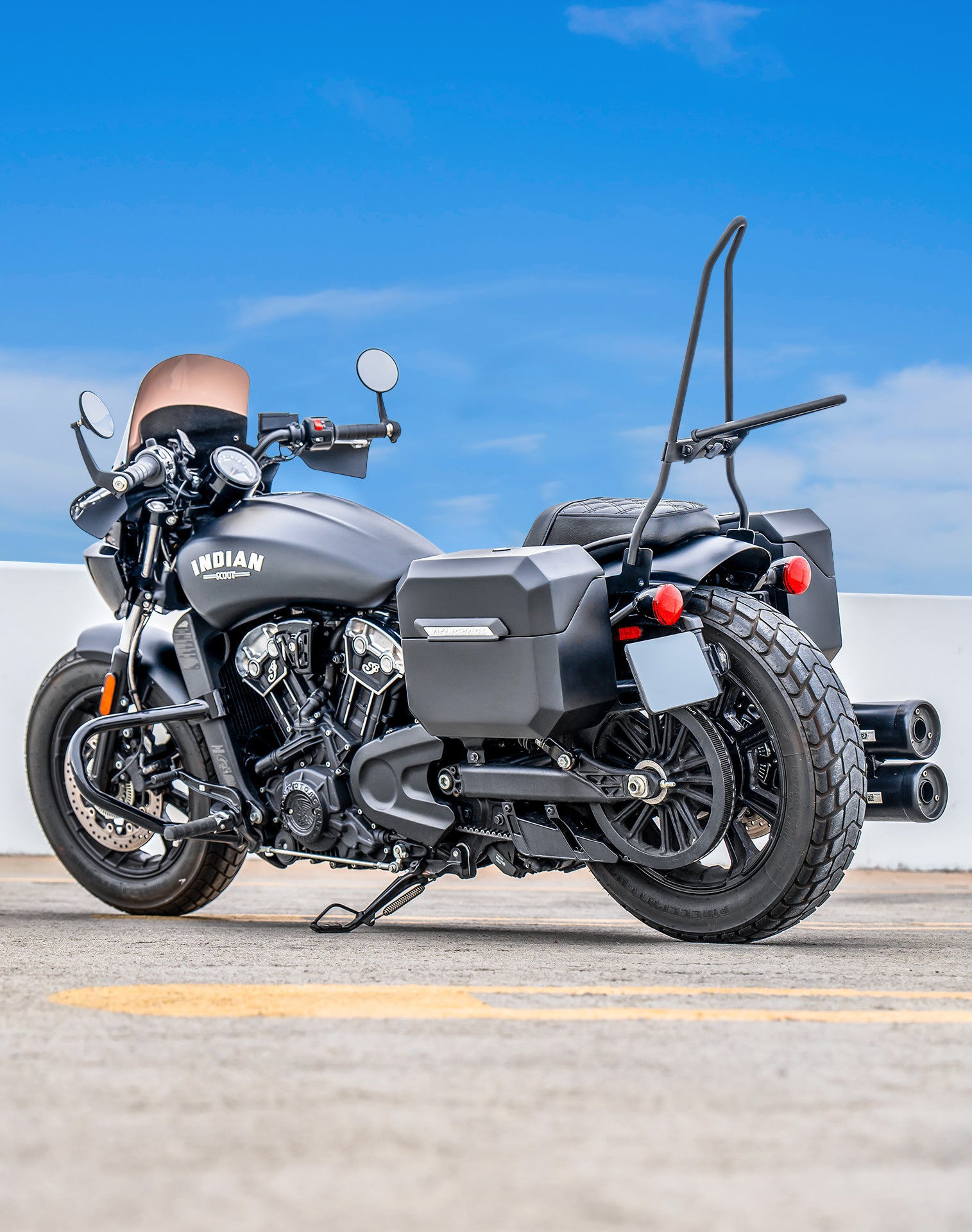 20L - Outlaw Quick-Mount Small Indian Scout Bobber Matte Hard Saddlebags Lifestyle