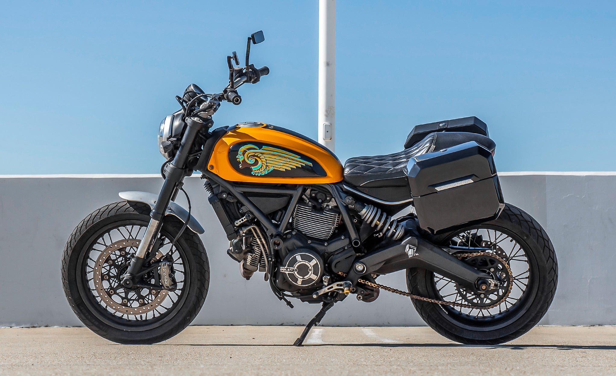 20L - Outlaw Quick-Mount Small Ducati Scrambler (2014-17) Painted Hard Saddlebags  Life Style Photo @expand