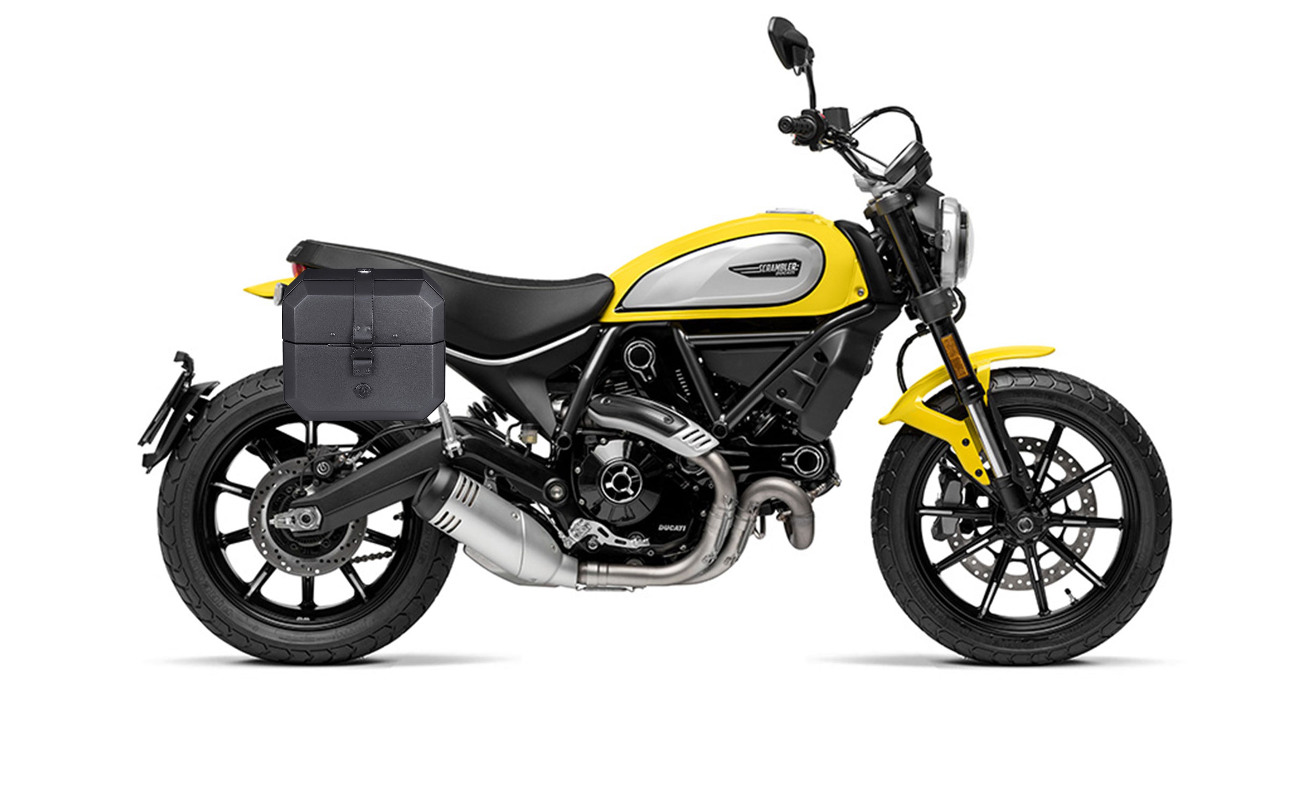 20L - Outlaw Quick-Mount Small Ducati Scrambler (2018-2022) Leather Wrapped Hard Saddlebags Bag on Bike @expand