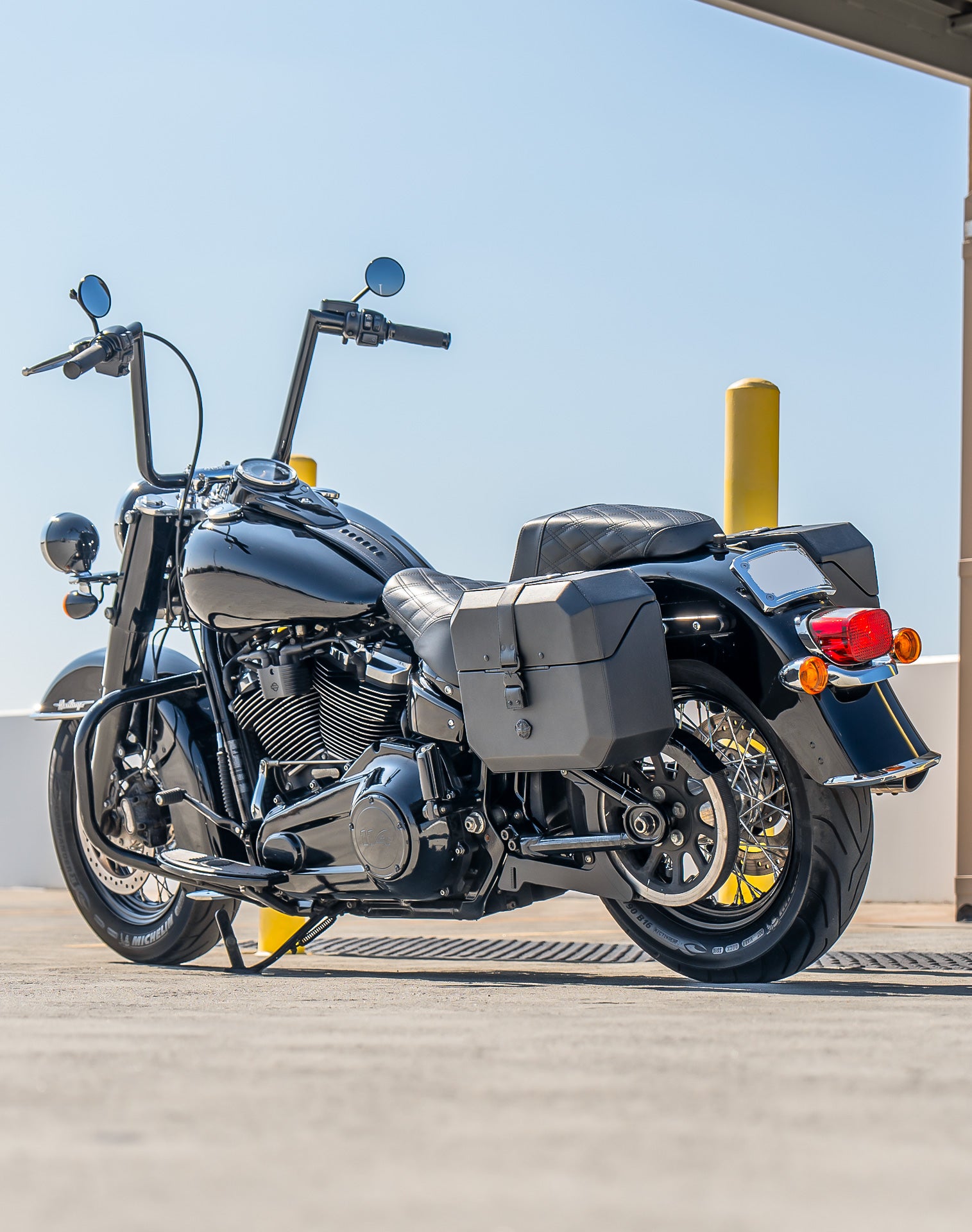 20L - Outlaw Quick-Mount Small Harley Softail Heritage FLHC/S Leather Wrapped Hard Saddlebags Lifestyle