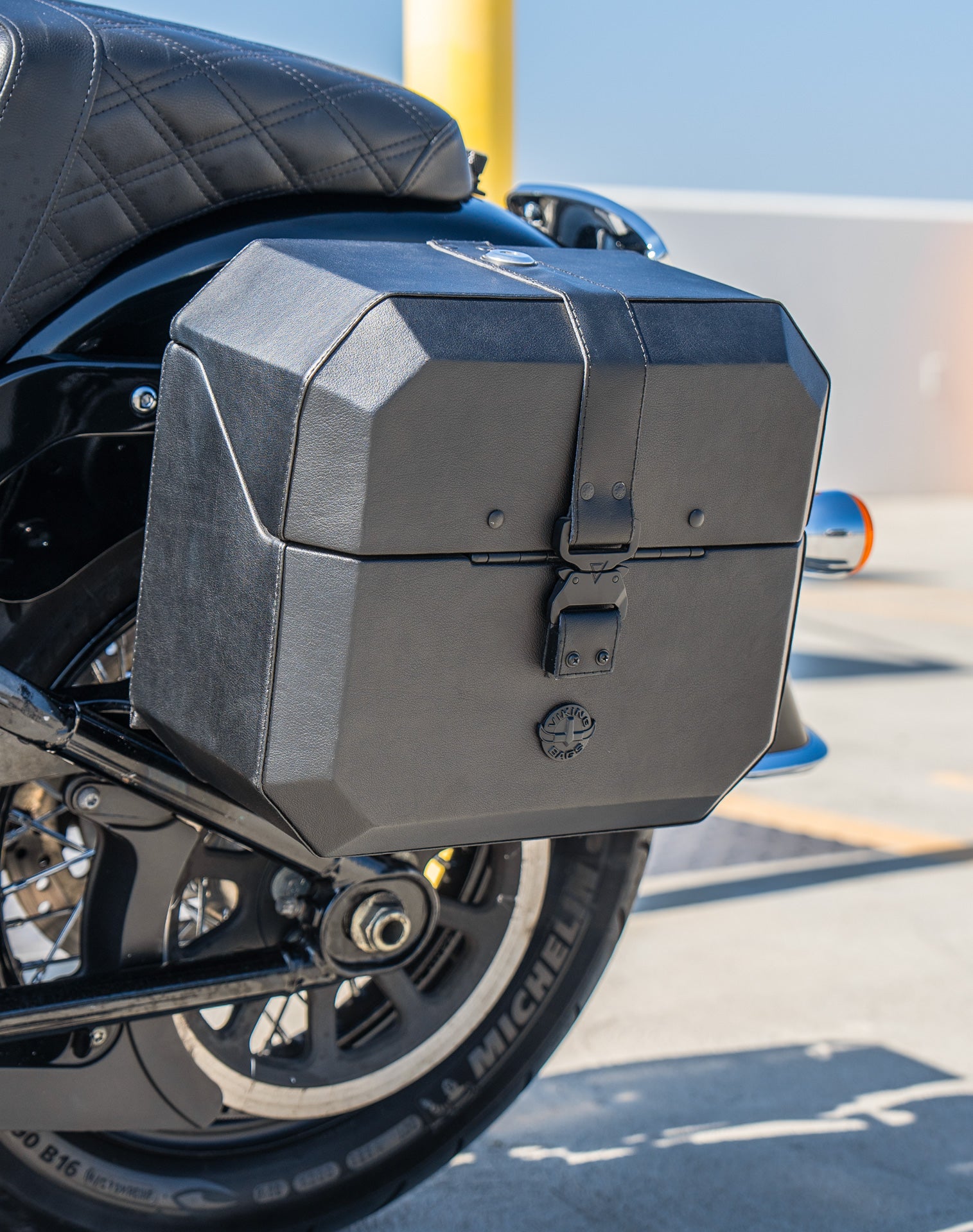 20L - Outlaw Quick-Mount Small Harley Softail Heritage FLHC/S Leather Wrapped Hard Saddlebags Lifestyle