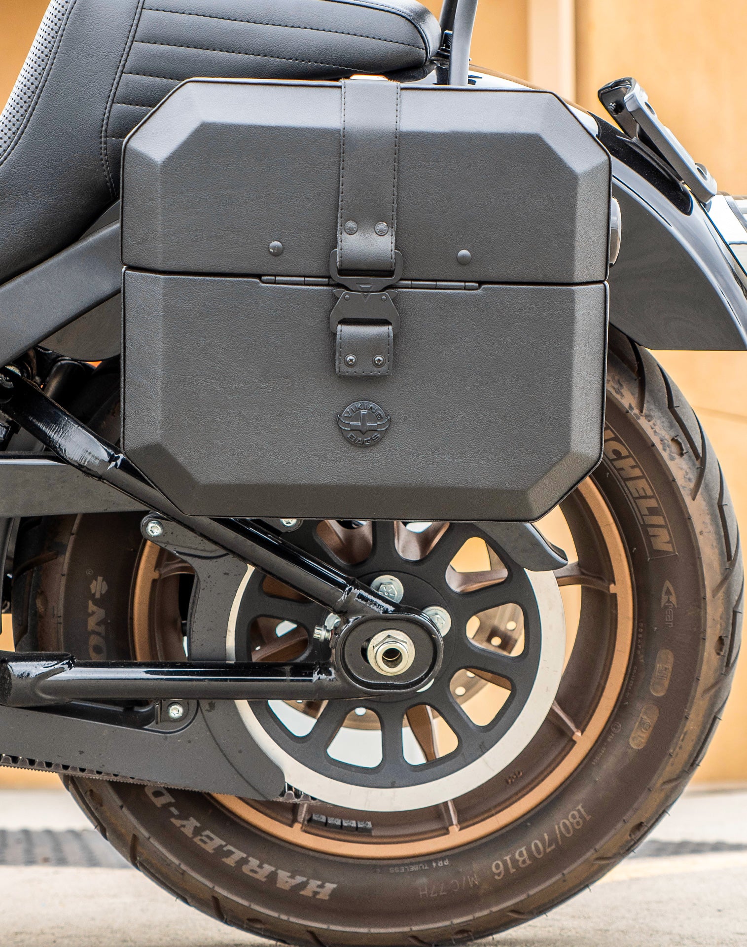 20L - Outlaw Quick-Mount Small Harley Softail Low Rider S FXLRS Leather Wrapped Hard Saddlebags Life style 2