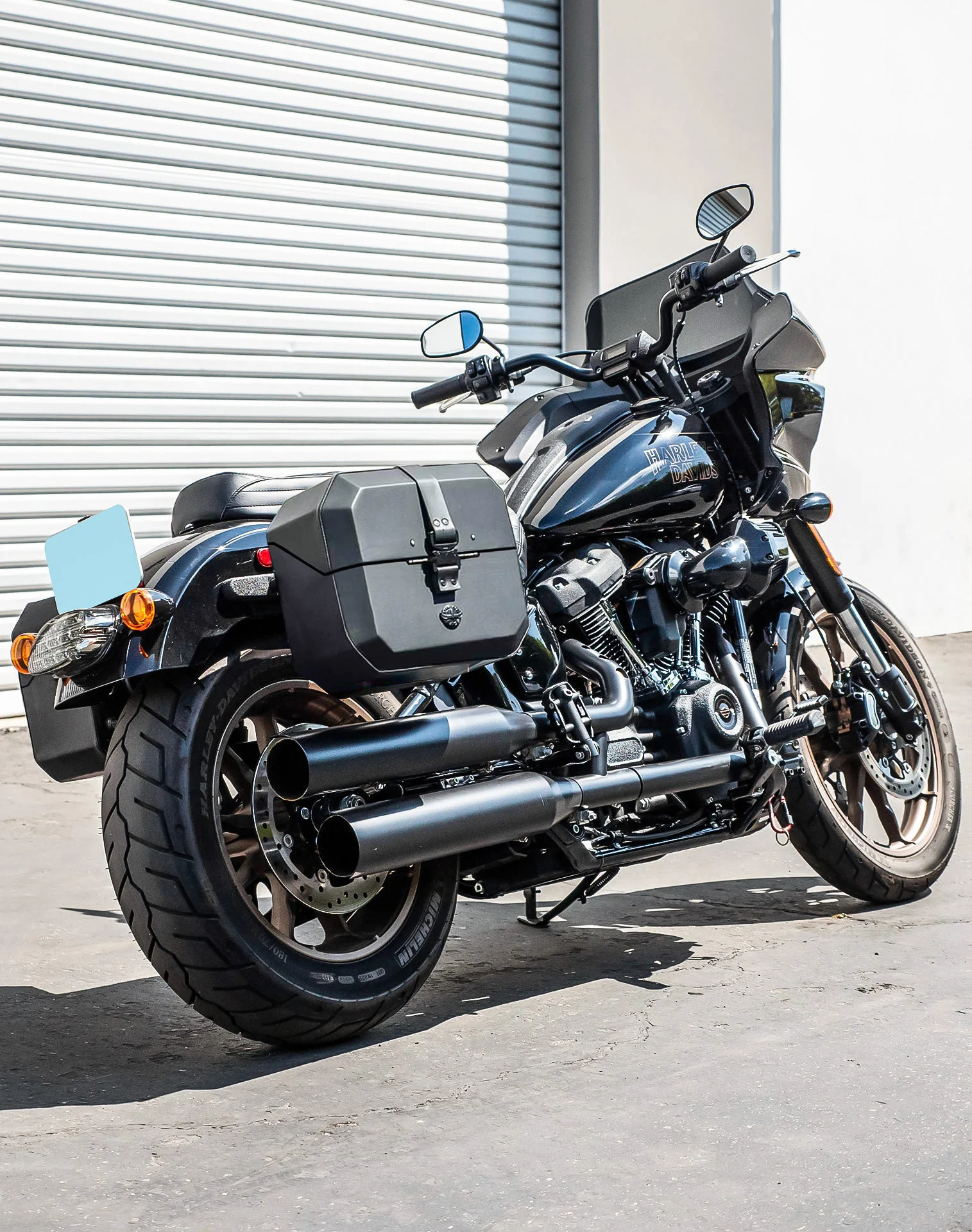 20L - Outlaw Quick-Mount Small Harley Softail Low Rider ST Leather Wrapped Hard Saddlebags Life Style 1