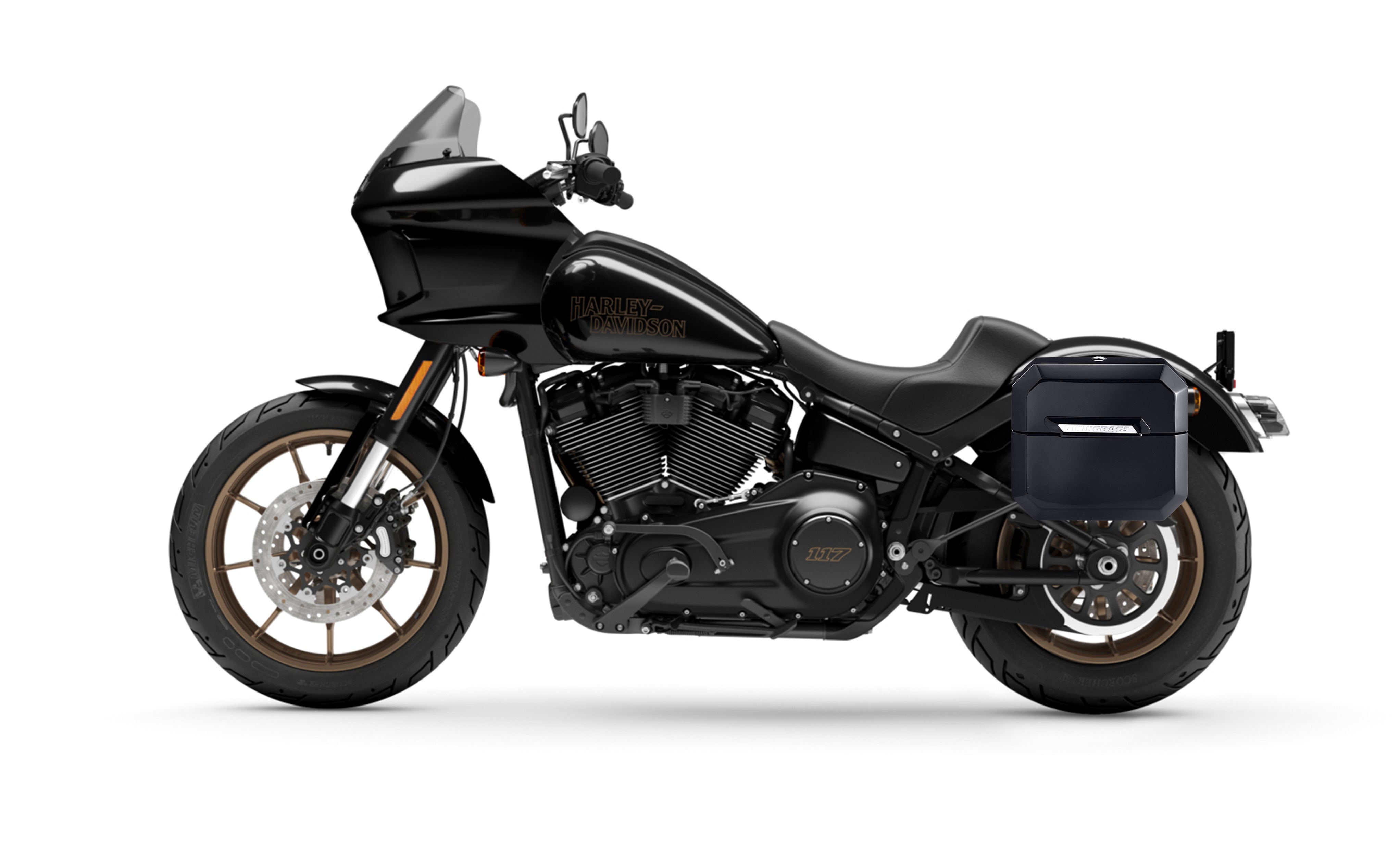 20L - Outlaw Quick-Mount Small Harley Softail Low Rider ST Painted Hard Saddlebags Bag on Bike @expand