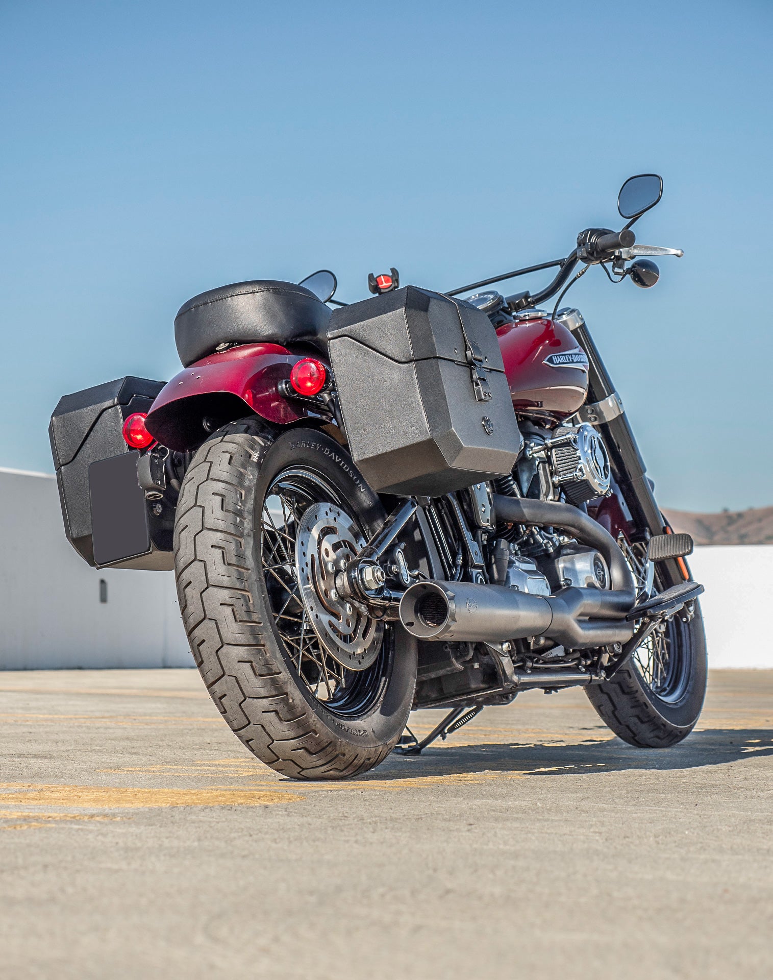 20L - Outlaw Quick-Mount Small Harley Softail Slim FLSL Leather Wrapped Hard Saddlebags Life Style 1