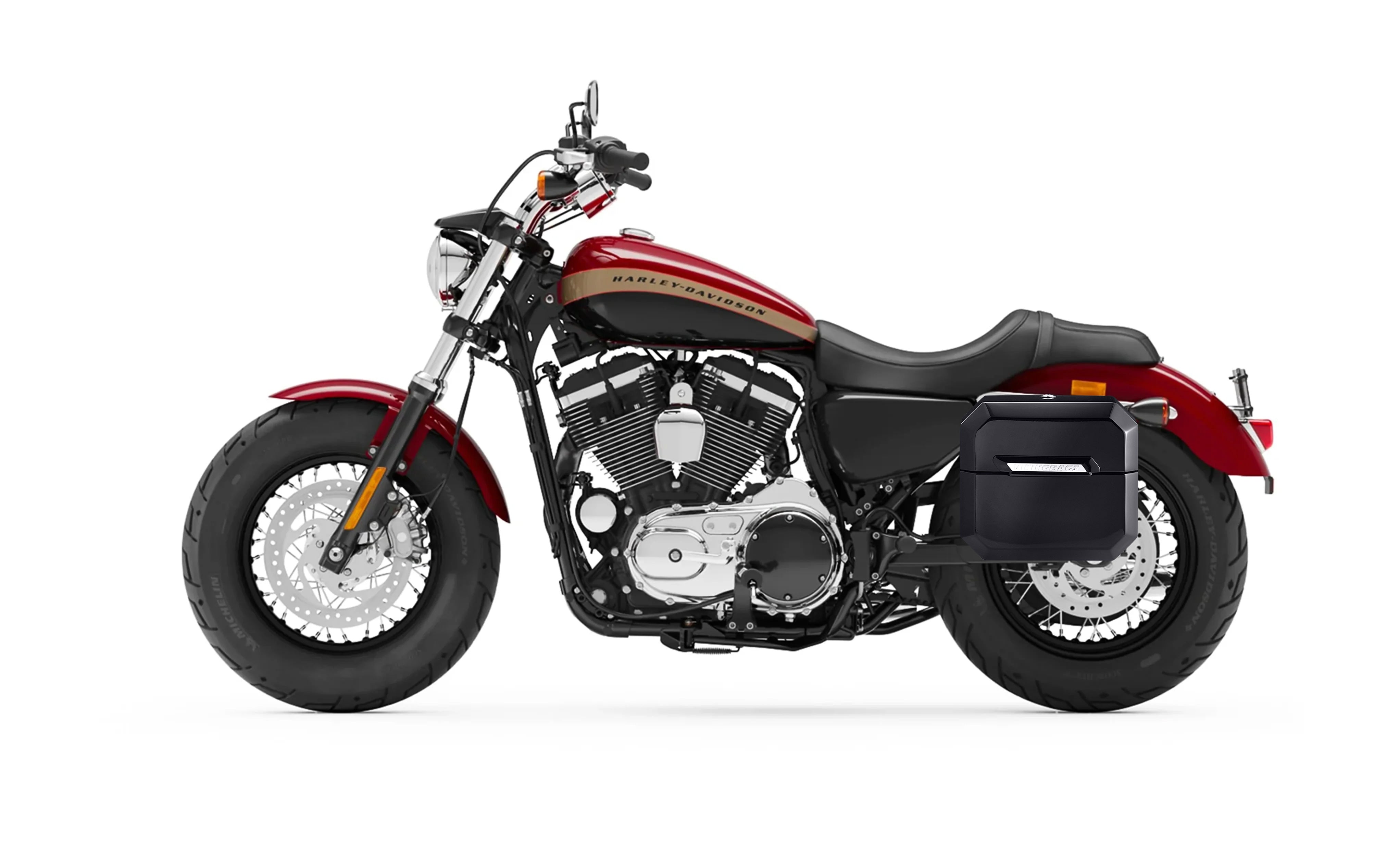 20L - Outlaw Quick-Mount Small Harley Sportster 1200 Custom XL1200C Painted Hard Saddlebags Bag on Bike @expand