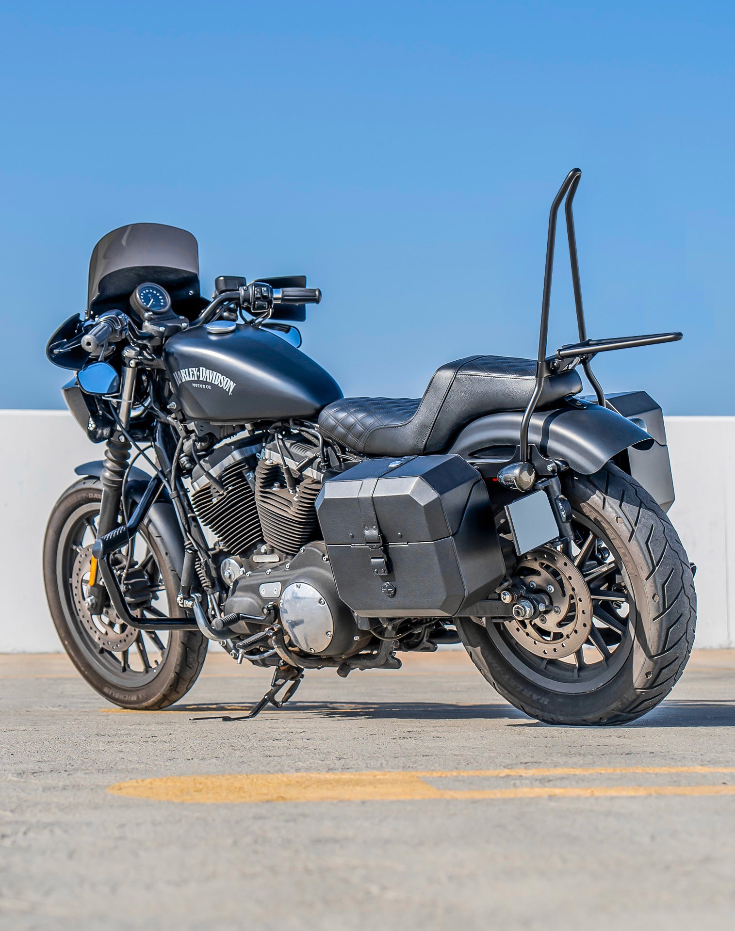 20L - Outlaw Quick-Mount Small Harley Sportster 883 Iron XL883N Leather Wrapped Hard Saddlebags Lifestyle