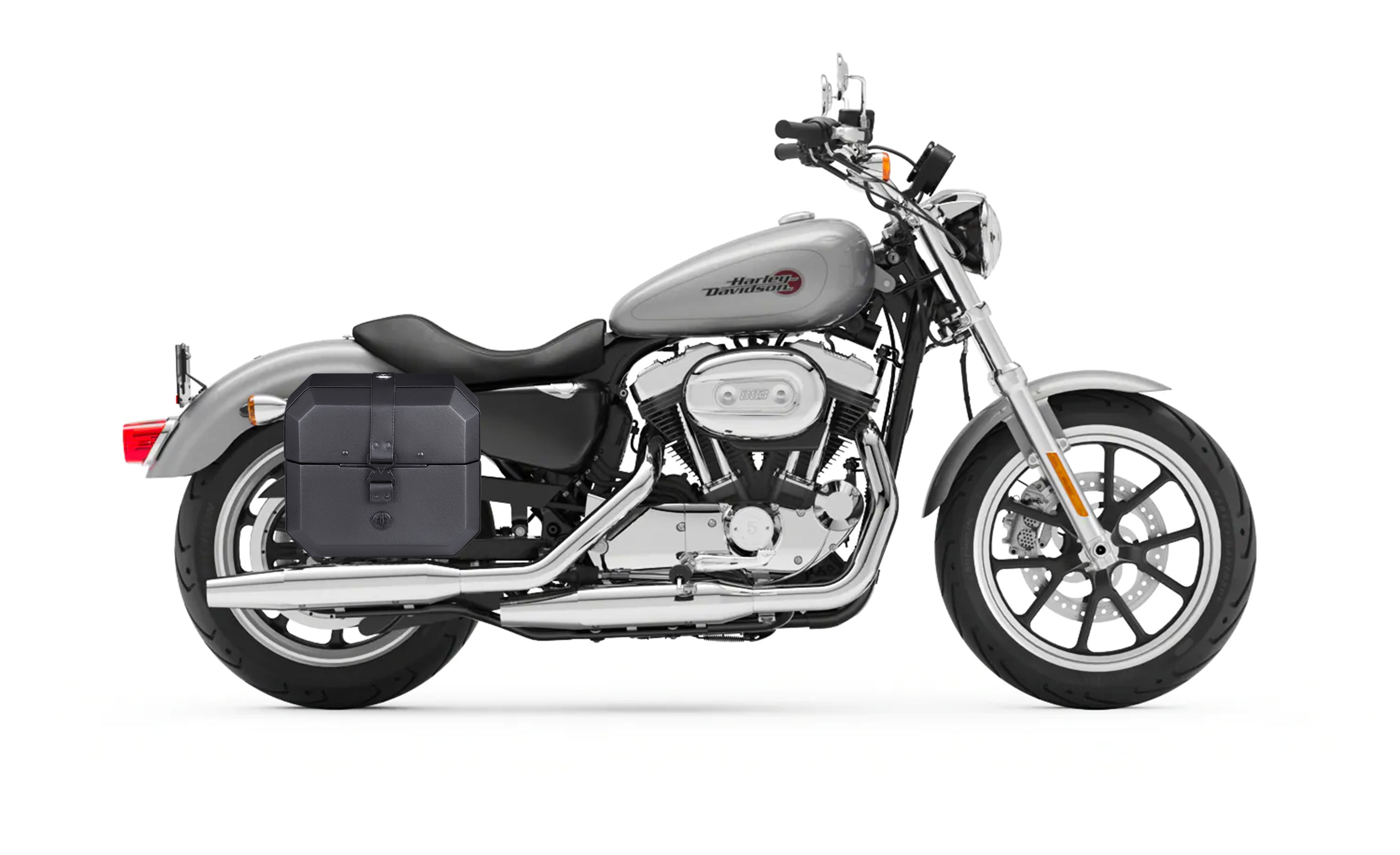 20L - Outlaw Quick-Mount Small Harley Sportster Superlow XL883L Leather Wrapped Hard Saddlebags Bag on Bike @expand