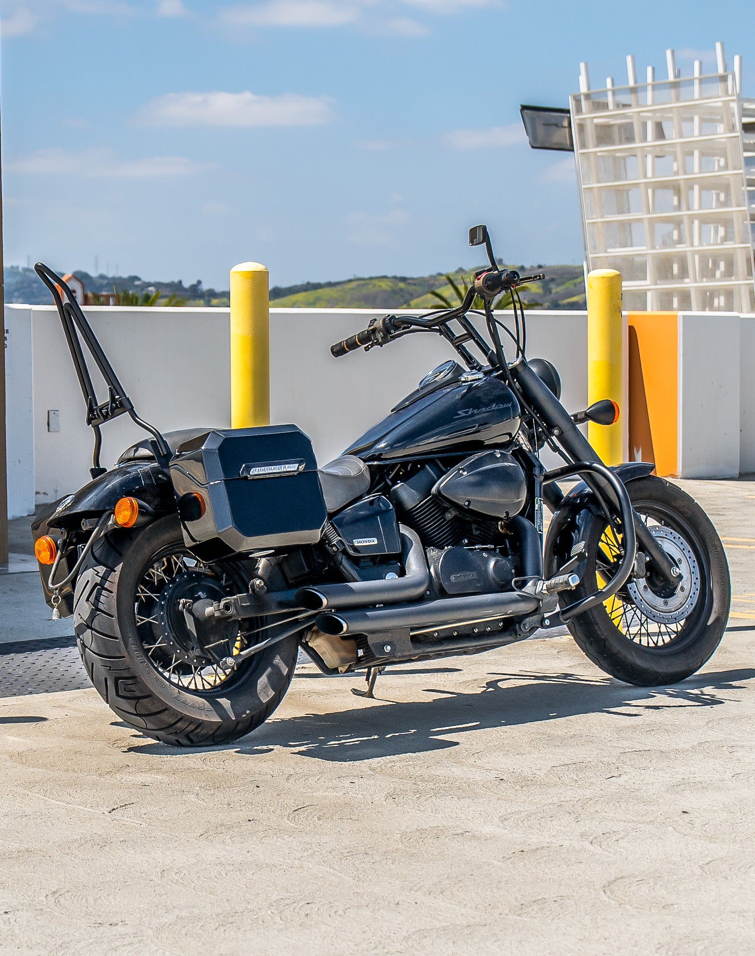 20L - Outlaw Quick-Mount Small Honda 750 Shadow Phantom Painted Hard Saddlebags Life style 1