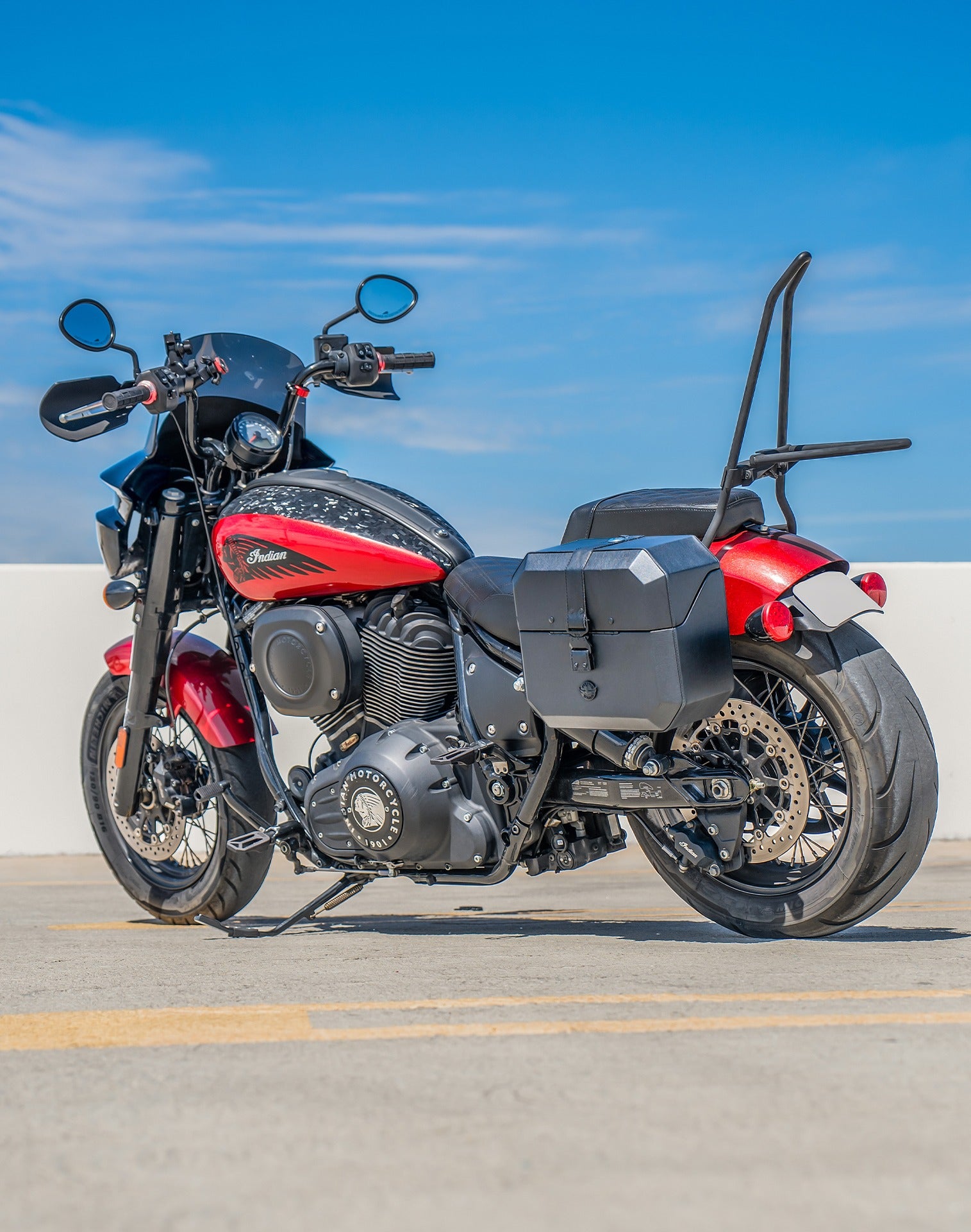 20L - Outlaw Quick-Mount Small Indian Chief Leather Wrapped Hard Saddlebags Life Style Photo