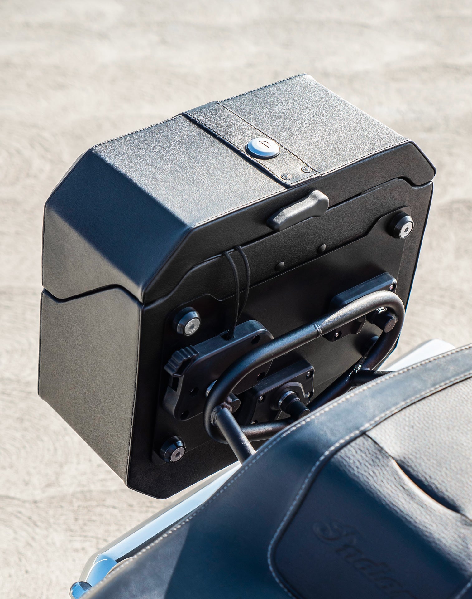 20L - Outlaw Quick-Mount Small Indian Super Chief Leather Wrapped Hard Saddlebags Life Style 3