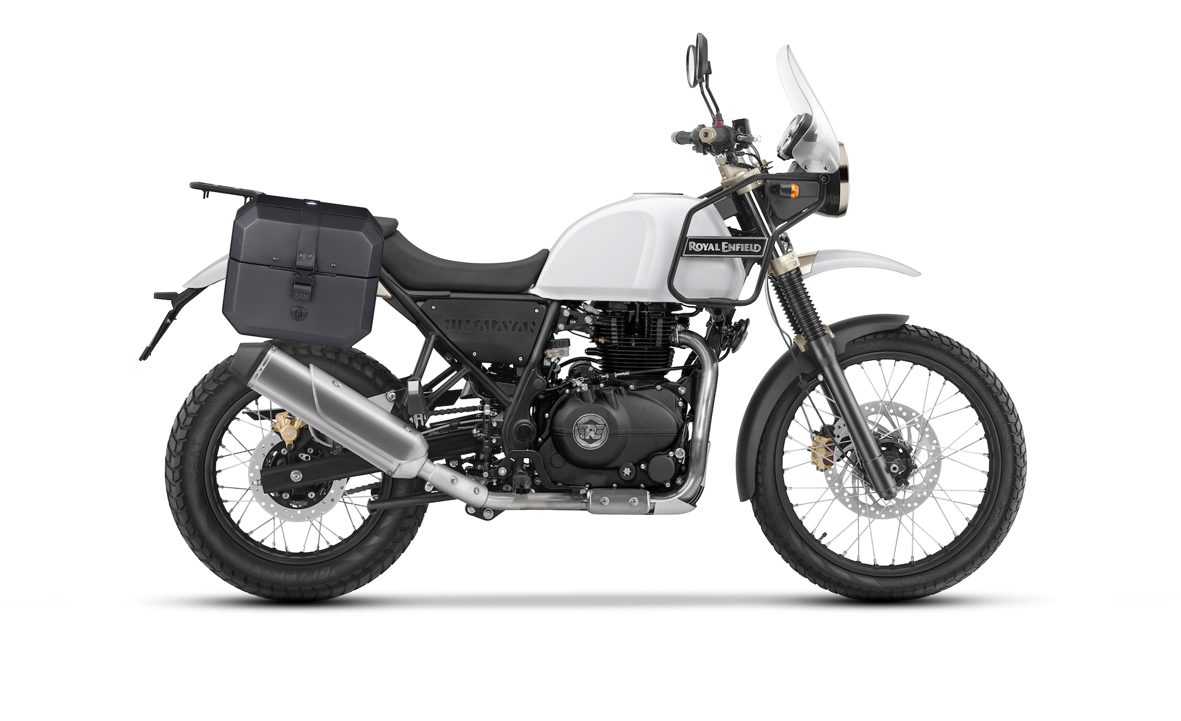 20L - Outlaw Quick-Mount Small Royal Enfield Himalayan 410 Leather Wrapped Hard Saddlebags Bag on Bike @expand